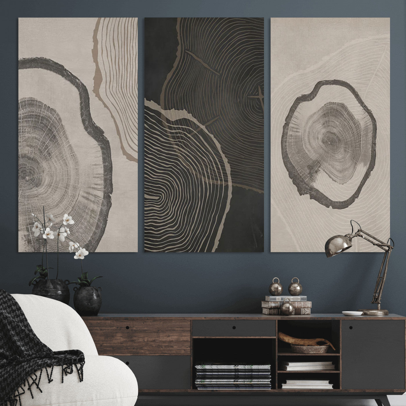 25407-MGV-CV-36X24-Modern Abstract Tree Ring Canvas Art Set | 3 Panel Large Tree Ring Design for Living Room, Office,