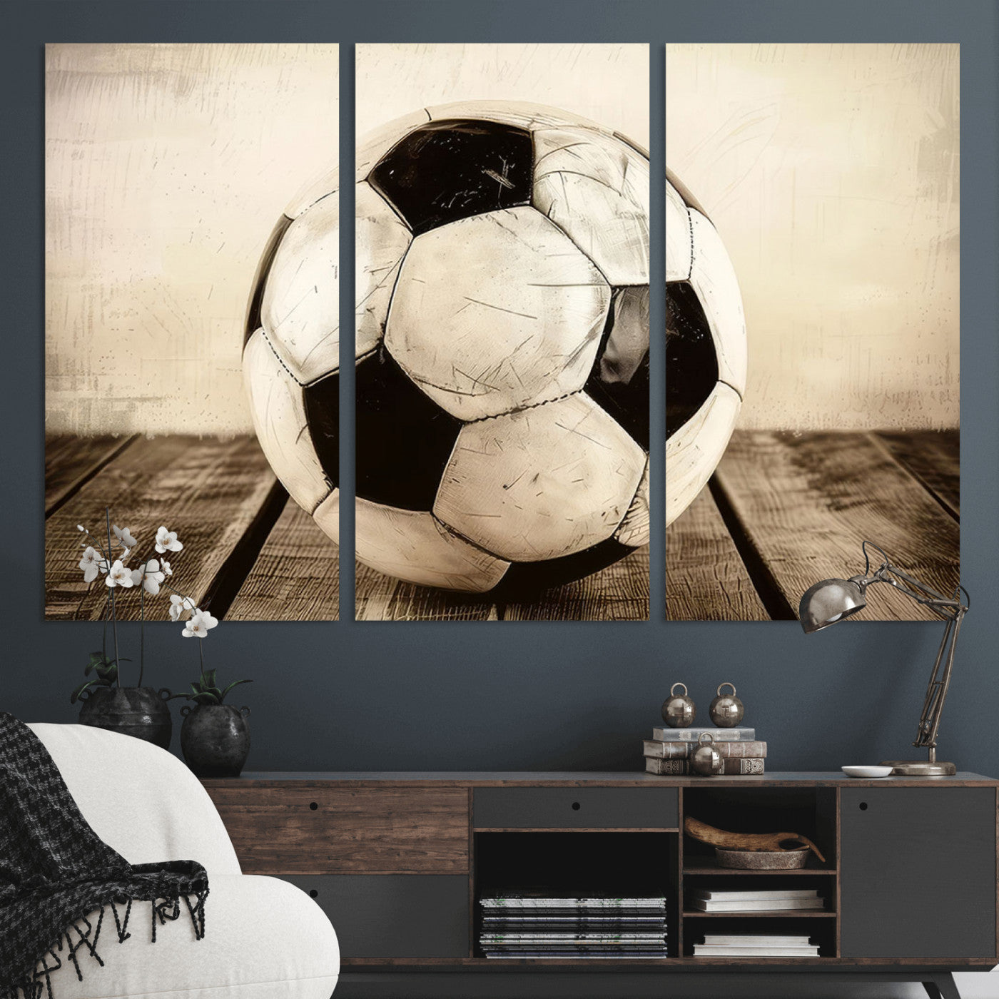 -Vintage Soccer Ball Wall Decor Canvas Art – 3-Panel Soccer Wall Decor, Framed and Ready to Hang