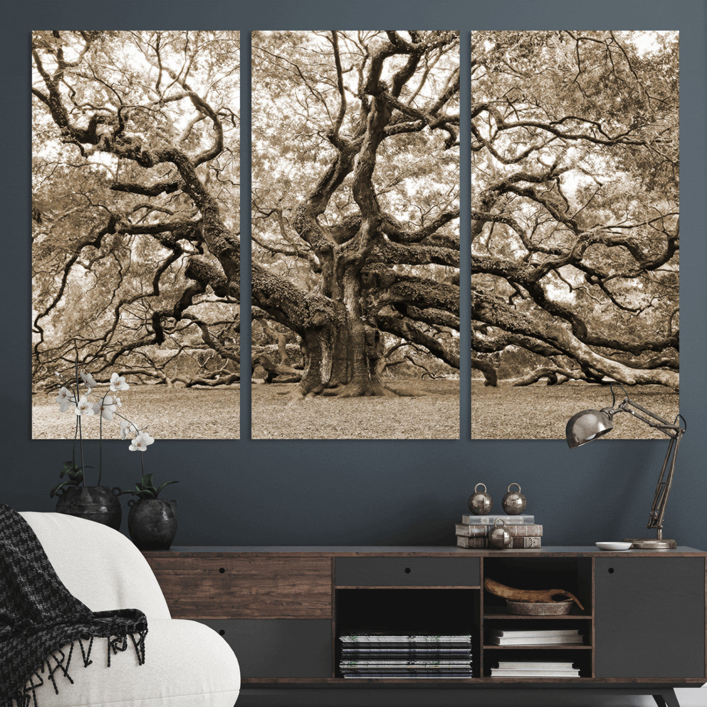 51126-MGV-CV-36X24 - Sepia Framed Angel Oak Tree Wall Art - 3-Panel Canvas Prints, Large Green Nature Artwork, Ready to