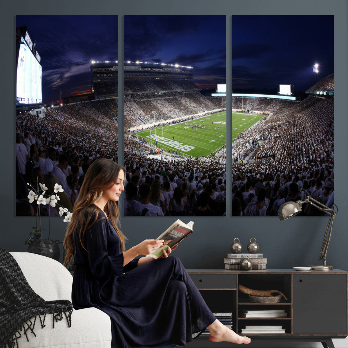 75193-PAN-FL-20X10 - Michigan State Spartans Canvas, Framed Football Team Print - East Lansing Spartan Stadium Wall Art