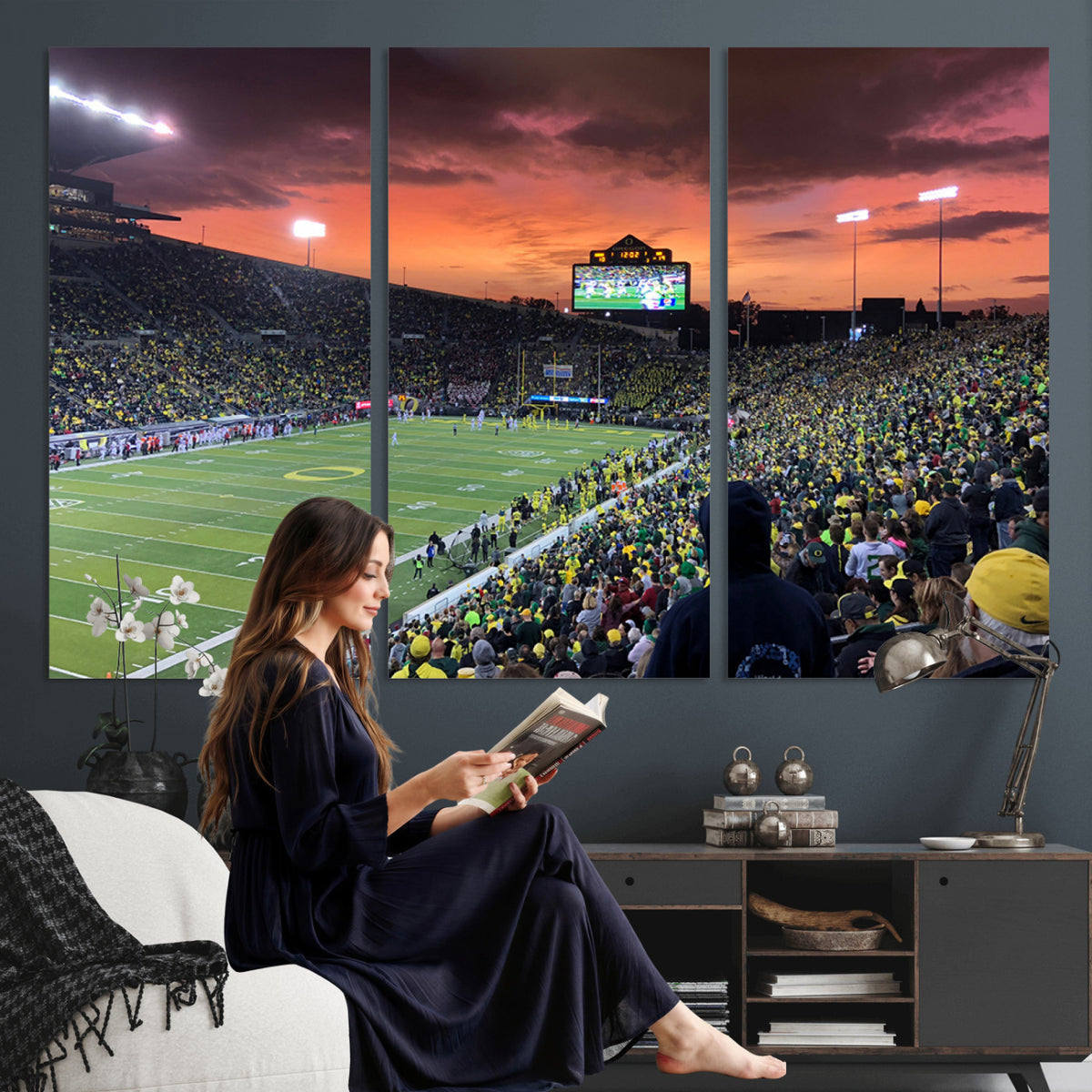75065-PAN-FL-20X10 - Eugene Autzen Stadium Canvas Wall Art Print – Sunset Over Iconic Football Field Wall Decor for Home