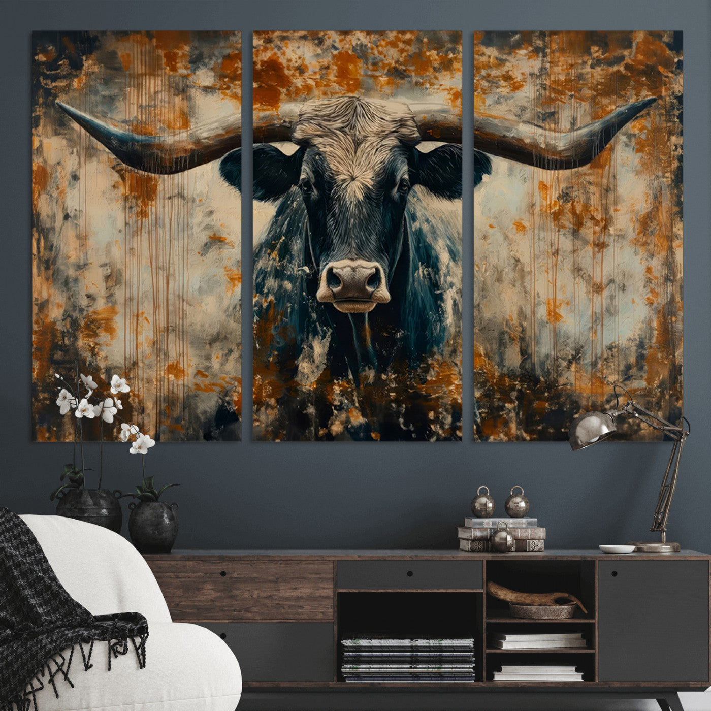 85913-MGV-CV-48X32-3P-Longhorn Wall Art – Rustic Western Bull Canvas Print, Modern Farmhouse Animal Decor for Living Room, Office, or Ranch House