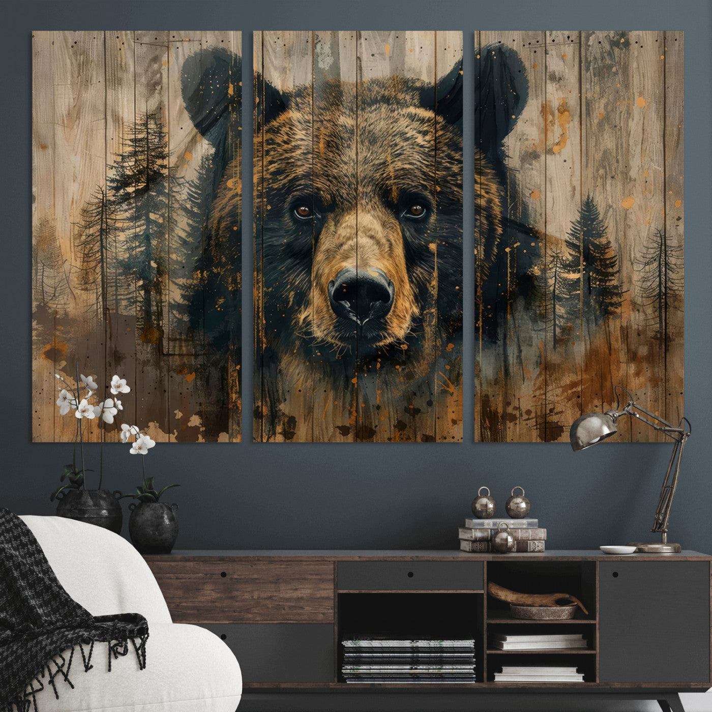 -Abstract 399 Bear Wall Art | Rustic Cabin Wall Decor with Forest Design | Framed and Ready to Hang |