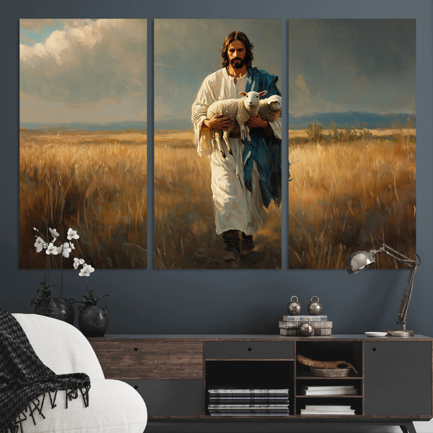 -Jesus Shepherd Wall Art | Ready to Hang Triptych Canvas of Jesus Holding a Lamb in a Field |