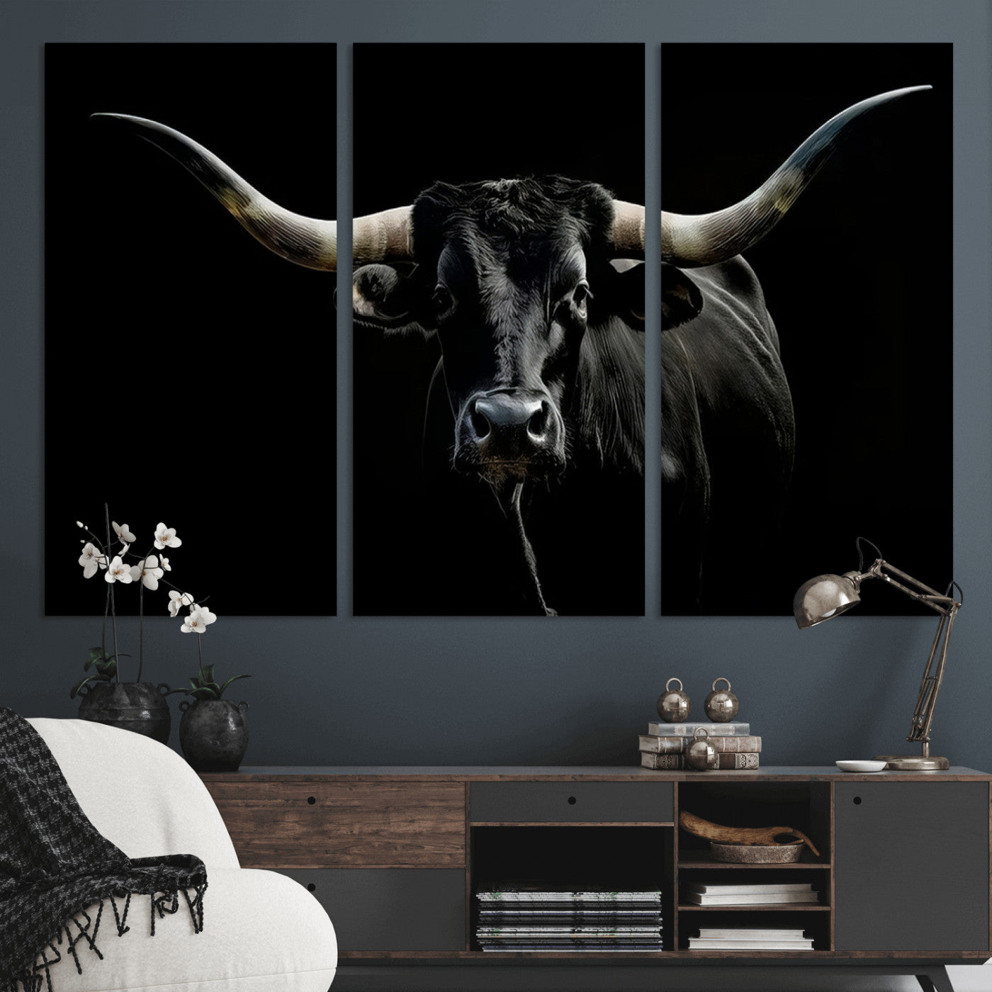 20679-MGV-CV-36X24 - Texas Black Longhorn Bull Wall Art Canvas Print - Western Texas Cattle Rustic Decor Print - Longhorn