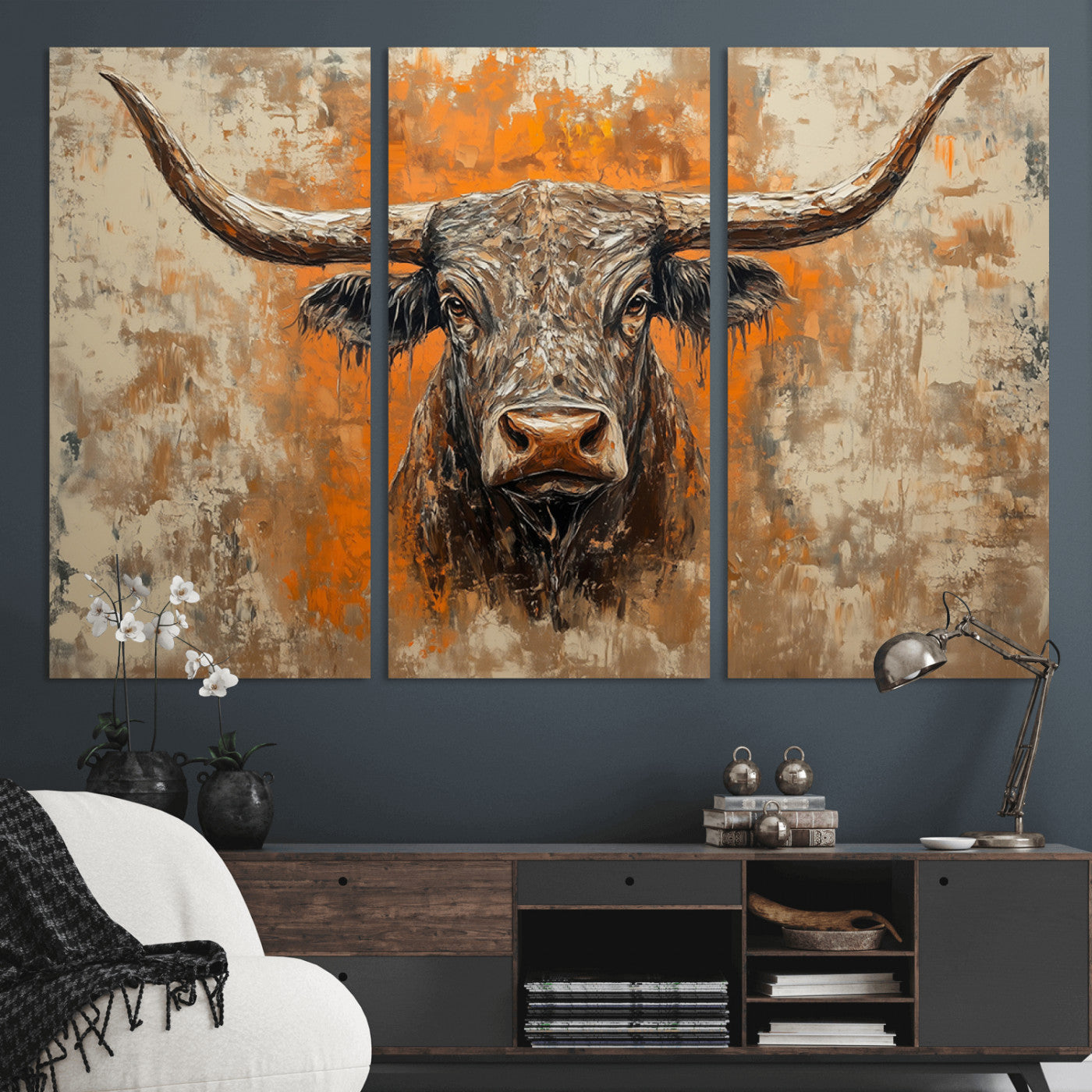 49976-MGV-CV-36X24-Abstract Cow Longhorn Bull Wall Art Canvas Print - Rustic Texas Western Cattle Artwork
