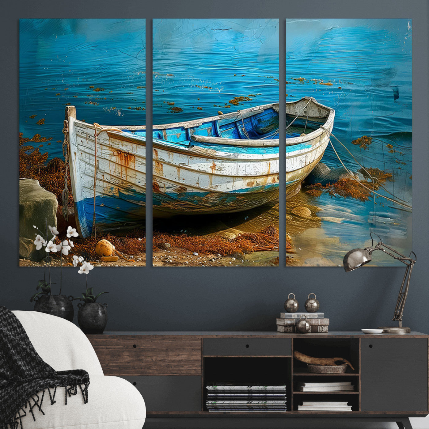 54716-MGV-CV-36X24-Vintage Boat on Tranquil Waters | Coastal Wall Art for Nautical Decor | Rustic Triptych Canvas Print