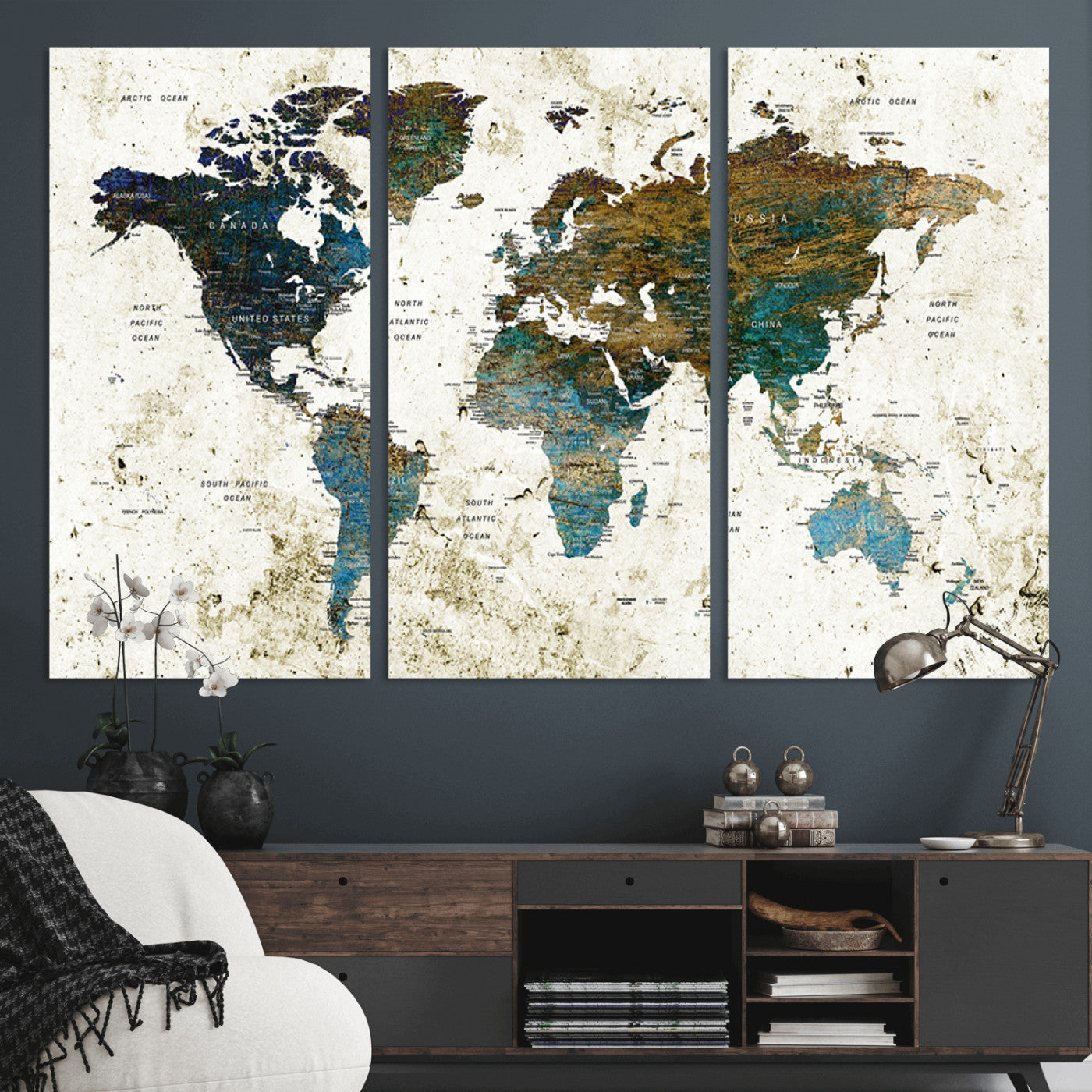 89176-MGV-CV-36X24-Vintage Blue and Brown World Map Canvas Wall Art – Framed Rustic Map Print, Earth Tone Travel Decor for Stylish Home and Office Walls