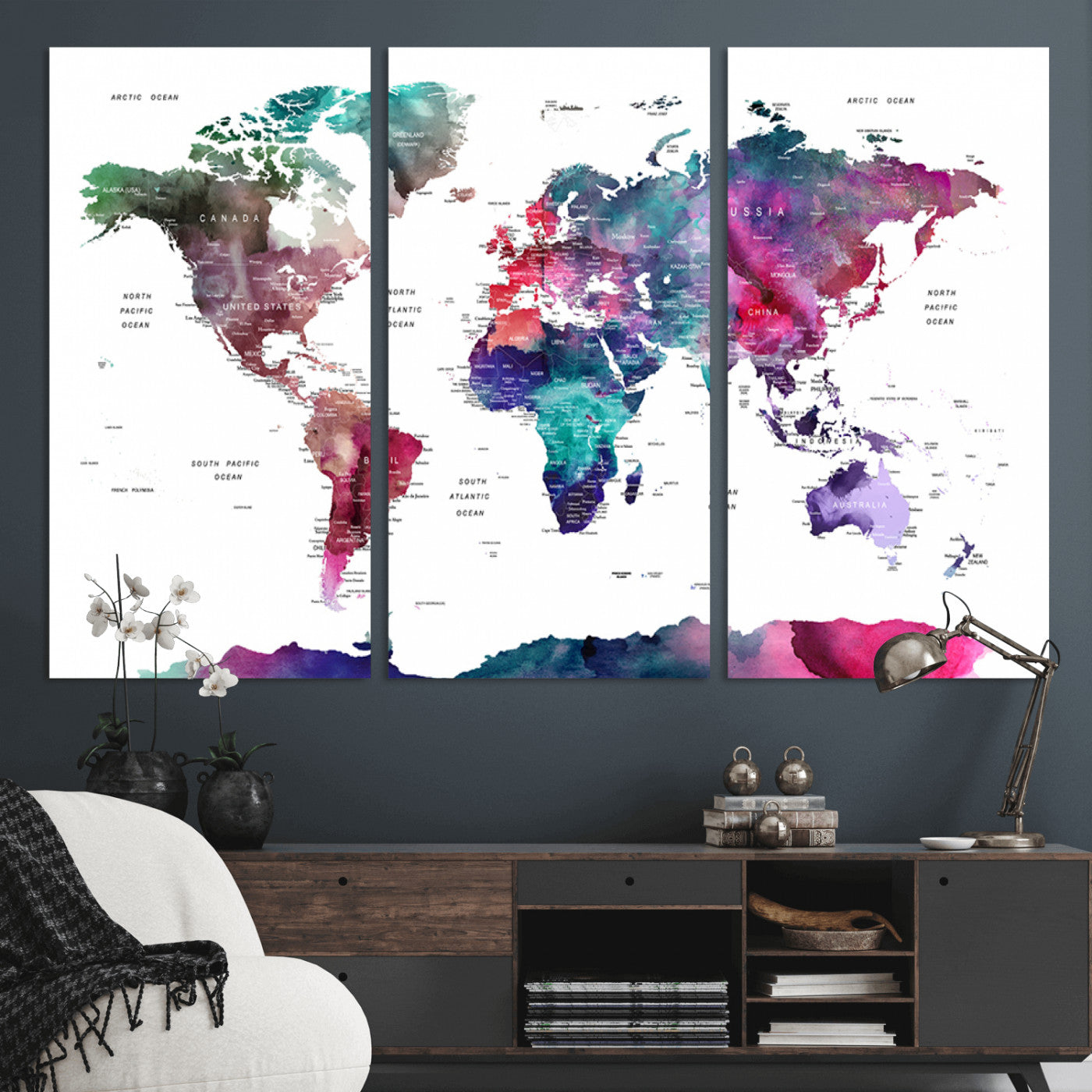 78176-MGV-CV-36X24-Colorful Watercolor World Map Canvas Wall Art – Framed Modern Map Print, Vibrant Travel Inspired Artwork for Home and Office Decor
