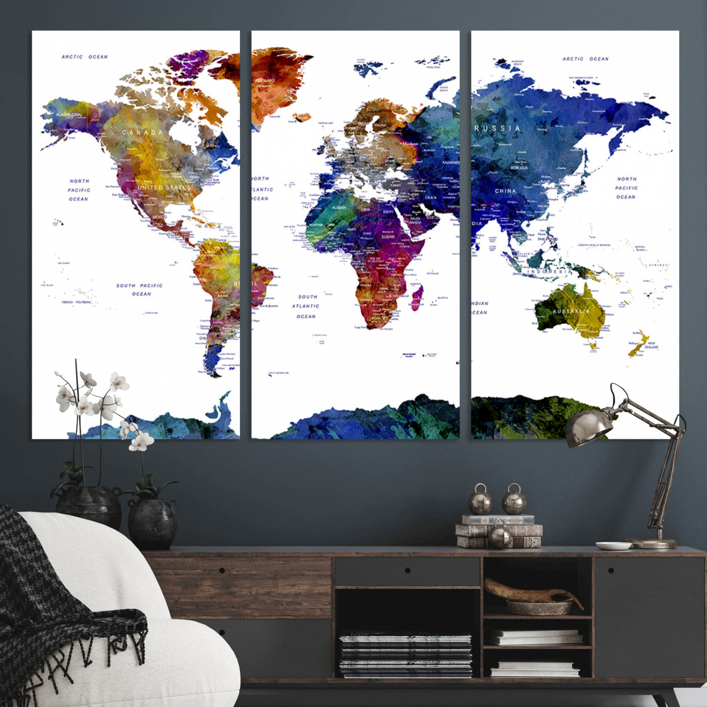 90446-MGV-CV-36X24-Colorful Watercolor World Map Canvas Wall Art – Framed Modern Push Pin Travel Map for Home and Office Decor
