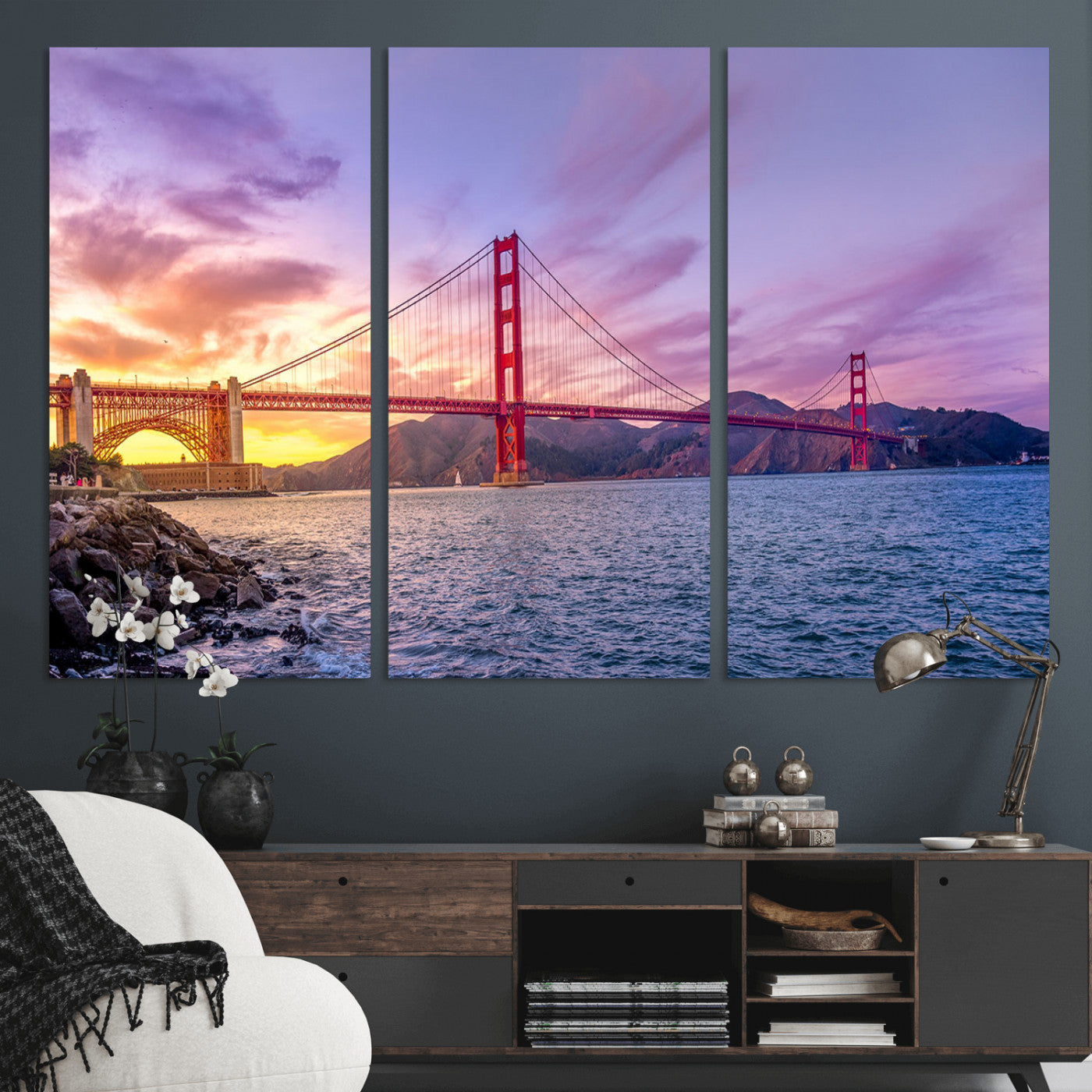 -Golden Gate Bridge Wall Art Canvas Print – Framed San Francisco Sunset Scene with Cityscape Artwork for Home, Office