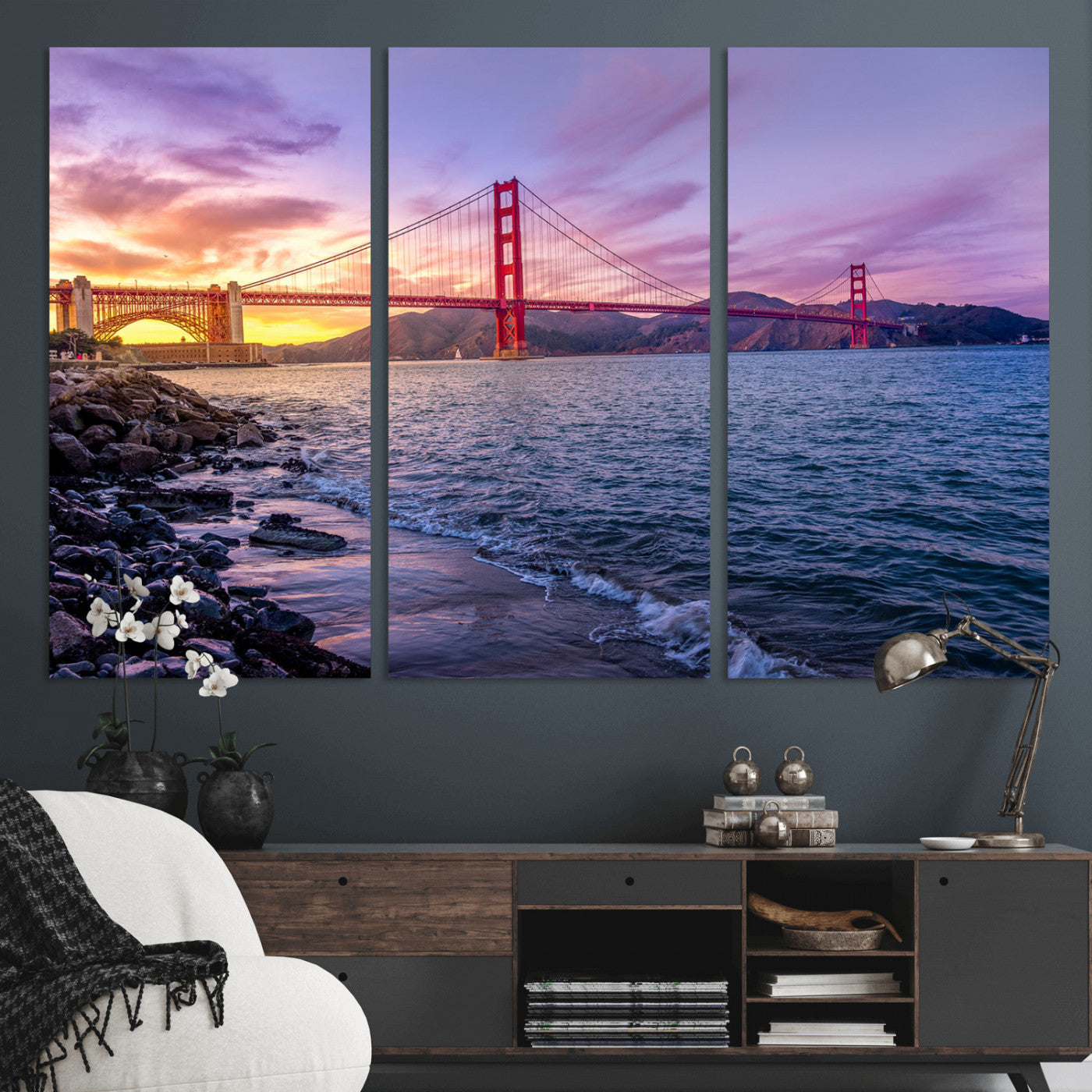 24256-MGV-CV-36X24 - Golden Gate Bridge Wall Art Print, San Francisco Sunset Canvas Wall Art, Cityscape Canvas Print for