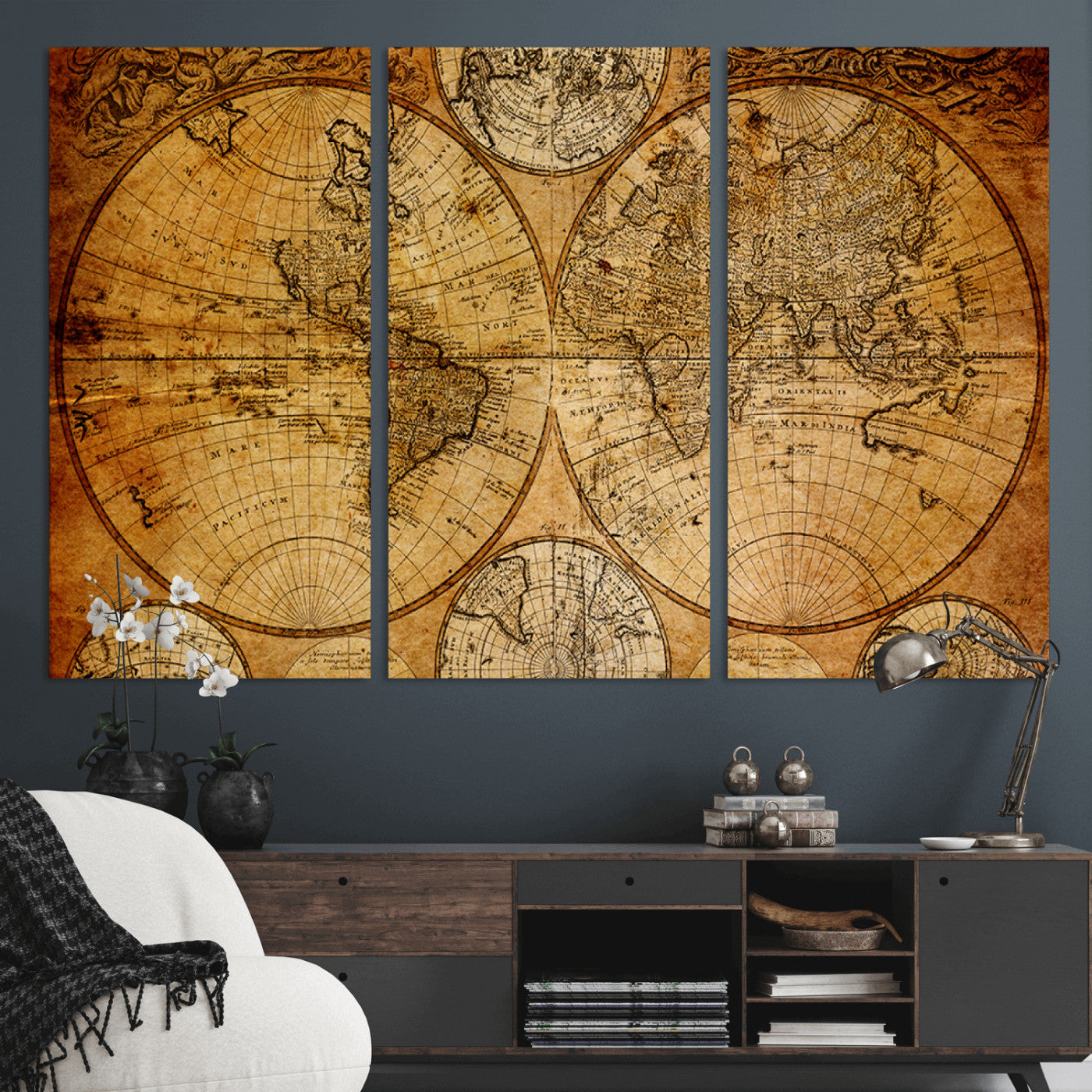 25517-MGV-CV-48X32-3P - Vintage World Map Canvas Print – Antique Push Pin Travel Map, Framed Wall Art for Home or Office Decor