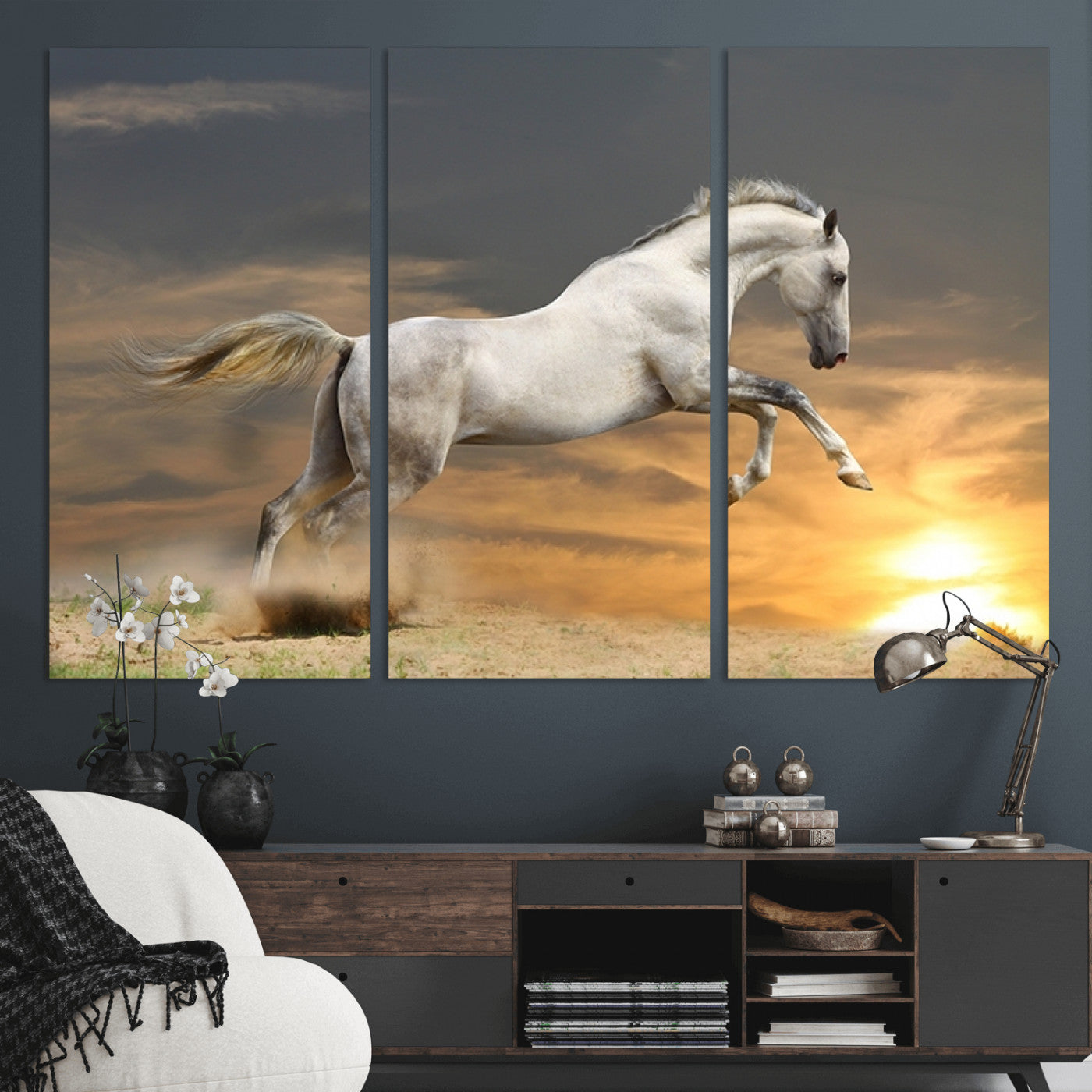 -Large Wall Art Canvas Print – White Jumping Horse Sunset Scene Animal Artwork for Home, Office, Living Room Decor