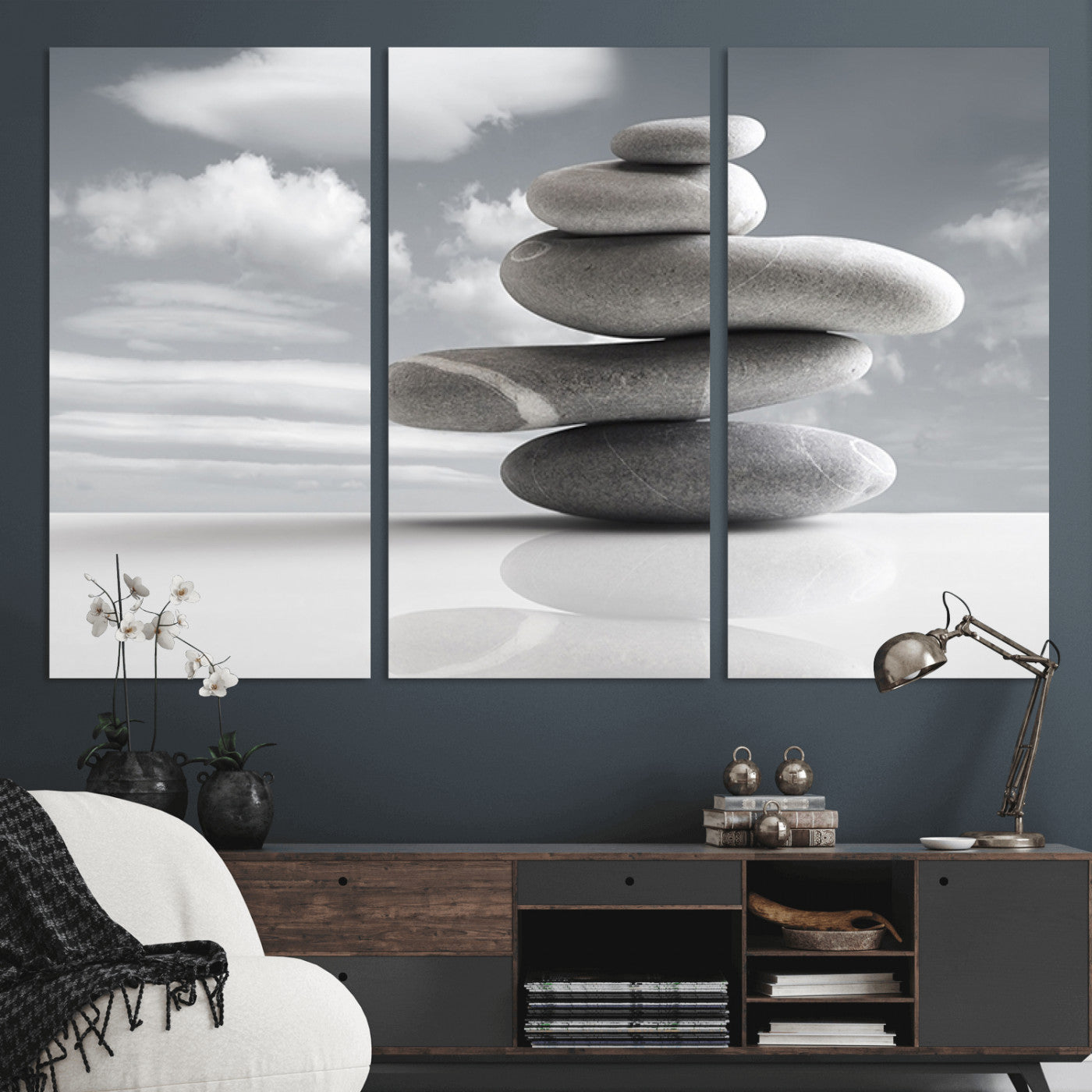 -Still Life Black and White Zen Stones Wall Art Canvas, Framed Black and White Zen Stones Canvas
