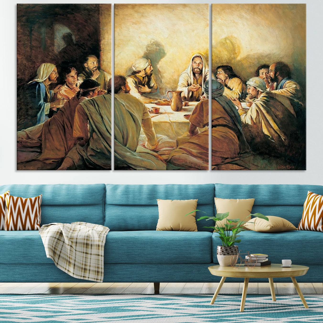 Framed canvas print of the Last Supper, depicting Jesus and his disciples, perfect for religious or Christian-themed home decor.