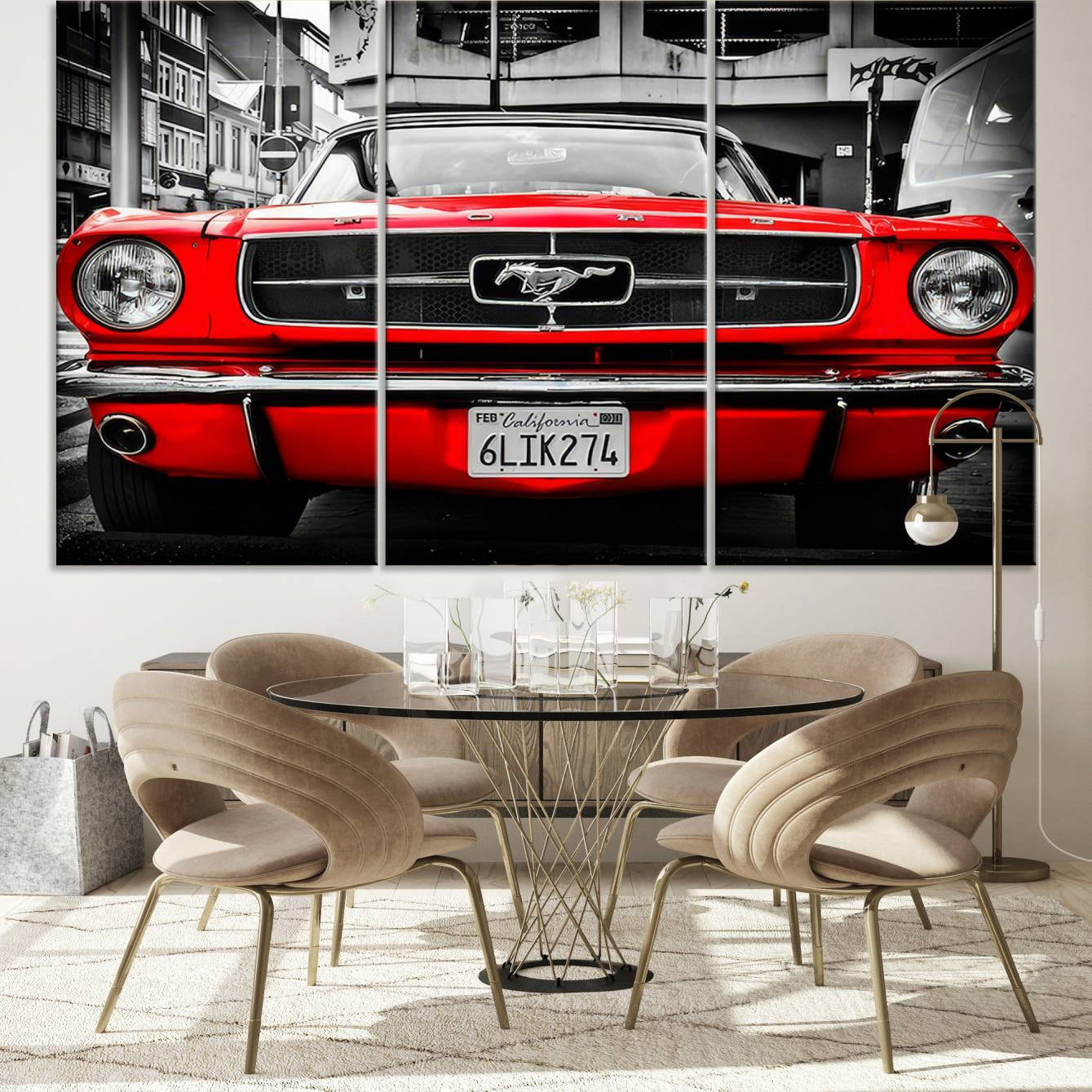 20365-MGV-CV-48X32-3P-Red Mustang Car Wall Art – Framed Classic Vehicle Canvas Artwork, Black White Urban Design, Decor for Home, Office