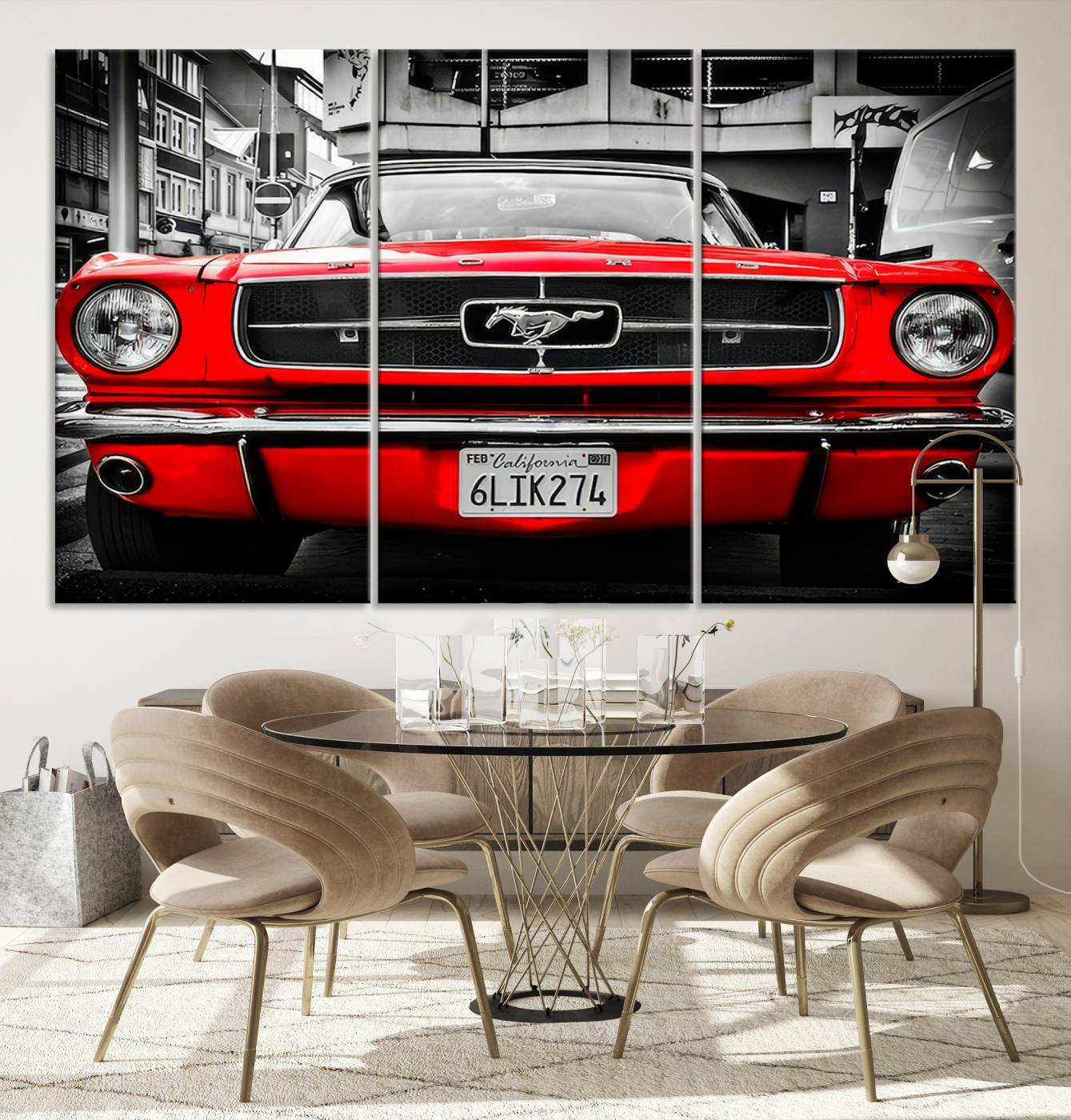 20365-MGV-CV-48X32-3P-Red Mustang Car Wall Art – Framed Classic Vehicle Canvas Artwork, Black White Urban Design, Decor for Home, Office