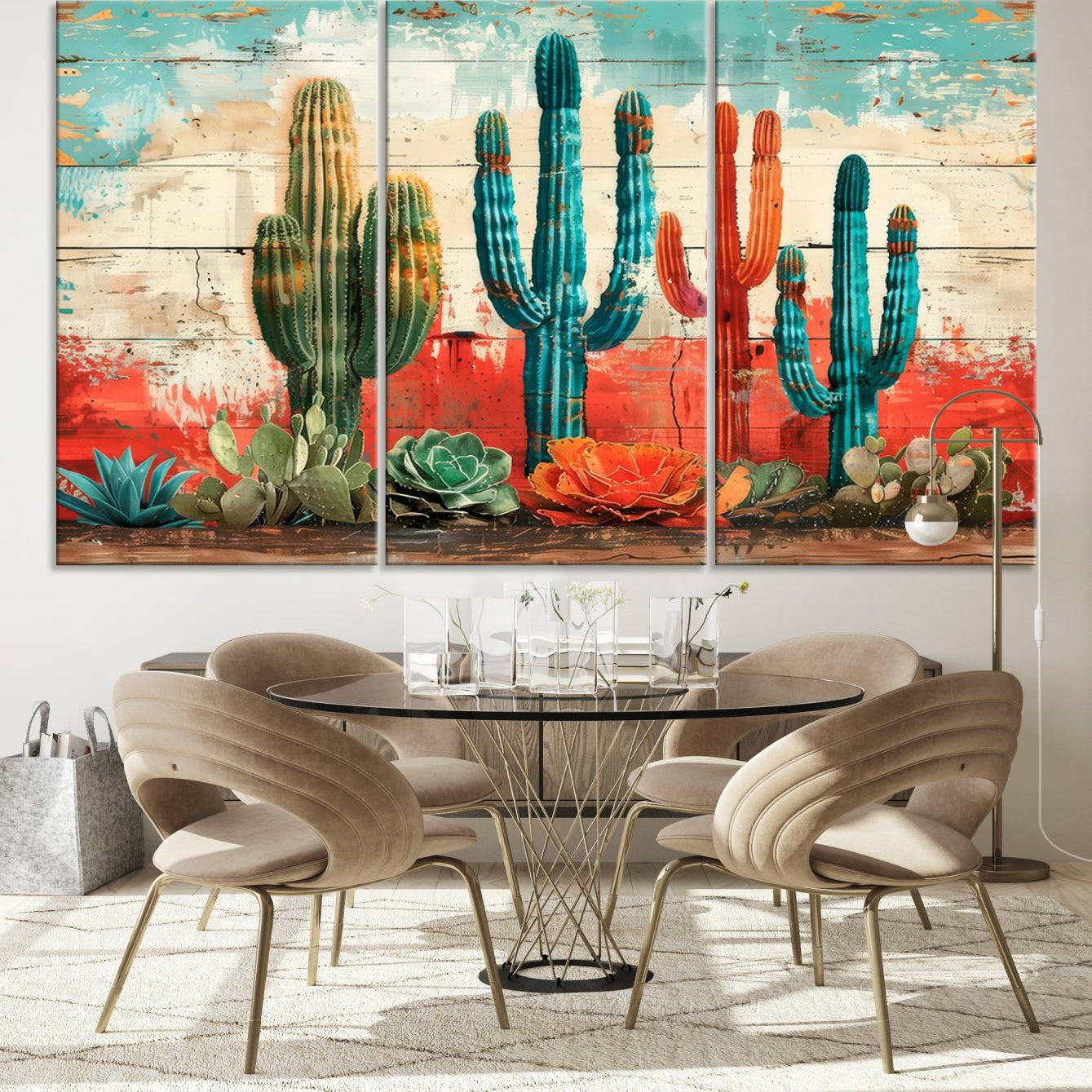 A vivid southwestern-style artwork featuring an eclectic mix of cacti and succulents painted against a textured, rustic wood backdrop in rich turquoise, red, and orange hues.