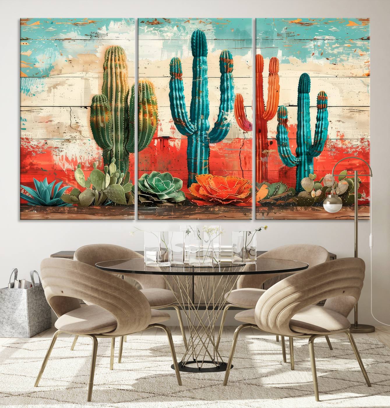 A vivid southwestern-style artwork featuring an eclectic mix of cacti and succulents painted against a textured, rustic wood backdrop in rich turquoise, red, and orange hues.