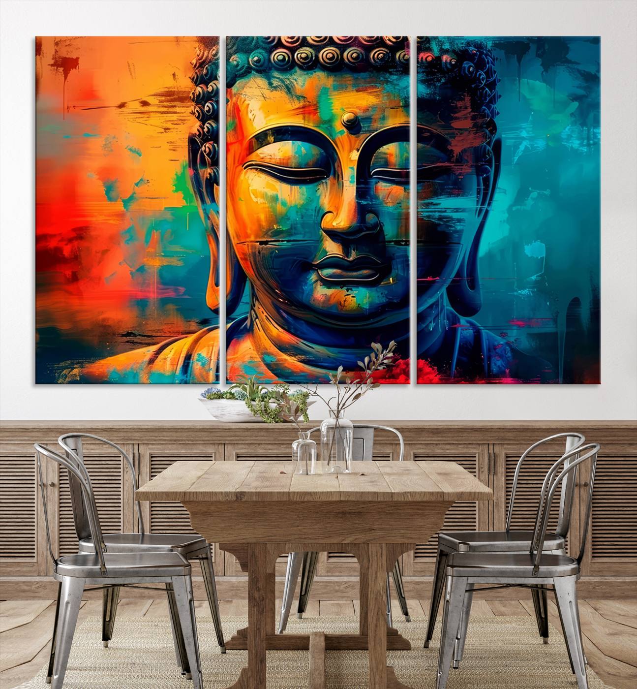 48759-MGV-CV-48X32-3P-Colorful Buddha Wall Art – Framed Abstract Portrait Canvas Artwork, Vibrant Spiritual Design, Modern Zen Decor for Home, Office