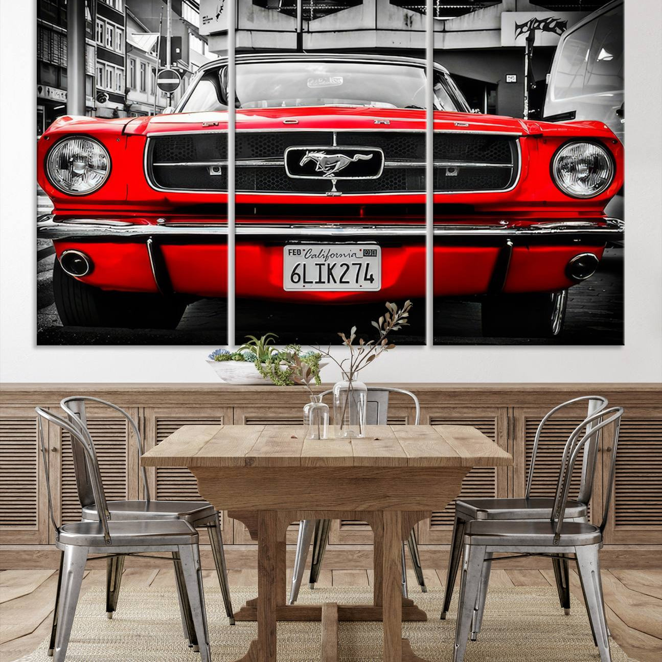 20365-MGV-CV-48X32-3P-Red Mustang Car Wall Art – Framed Classic Vehicle Canvas Artwork, Black White Urban Design, Decor for Home, Office