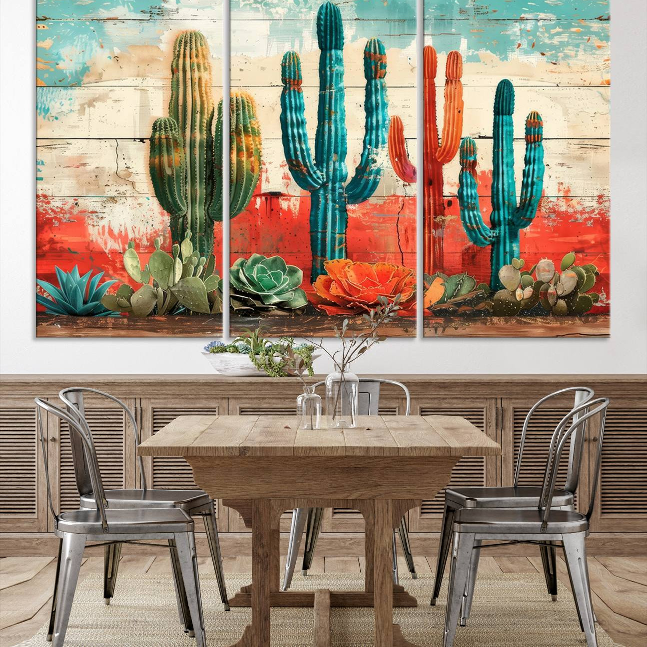 A vivid southwestern-style artwork featuring an eclectic mix of cacti and succulents painted against a textured, rustic wood backdrop in rich turquoise, red, and orange hues.