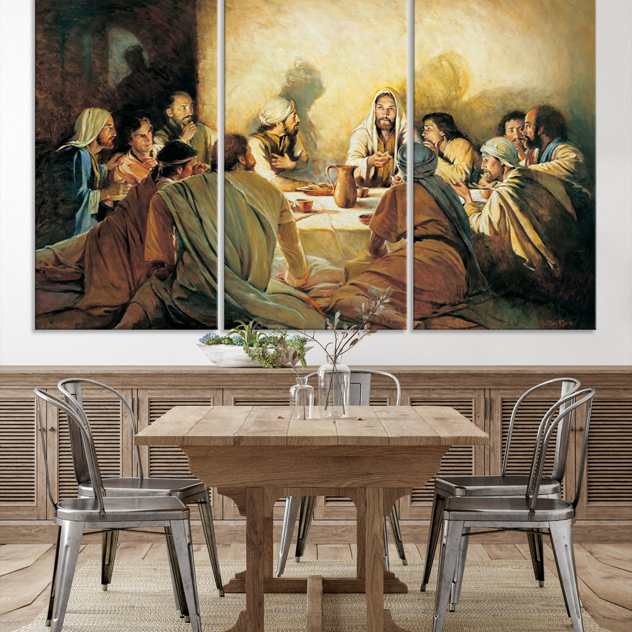 Framed canvas print of the Last Supper, depicting Jesus and his disciples, perfect for religious or Christian-themed home decor.