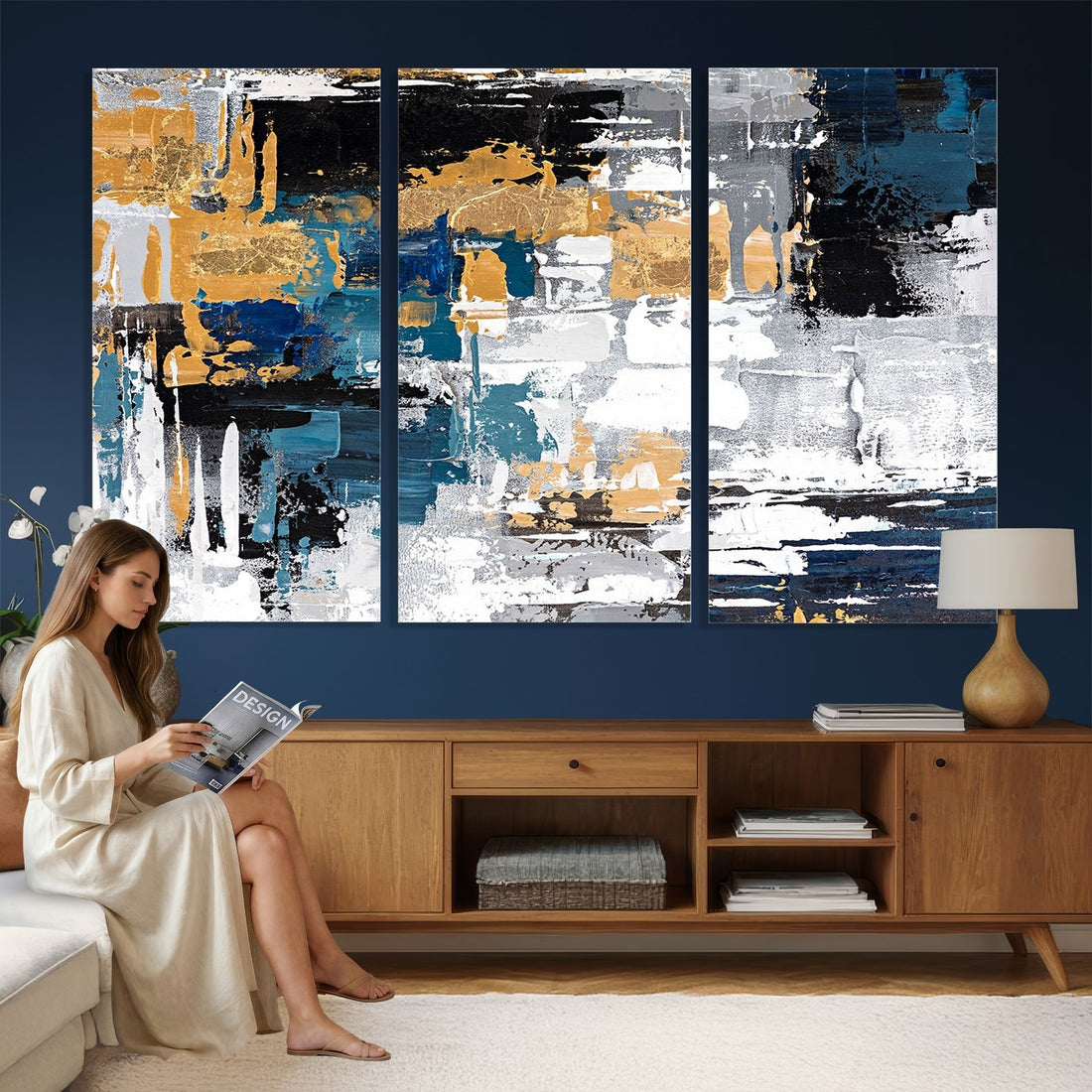 Blue and Gold Abstract Canvas Wall Art | Triptych Modern Art Print