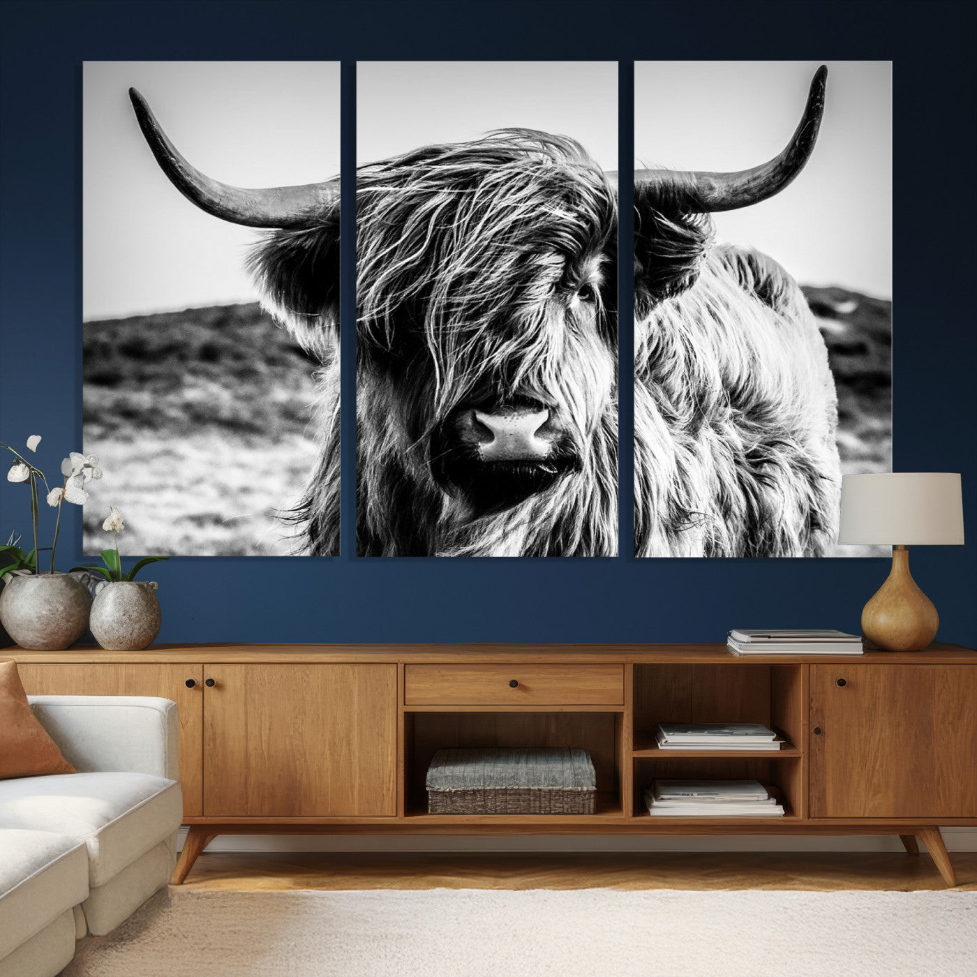 36979-MGV-CV-36X24 - Handsome Scottish Cow Black and White Wall Decor Canvas Art Print Extra Large Wall Art Highland Cattle Canvas Picture Animal Art Nature Photography High Quality Original Canvas Framed Ready to Hang