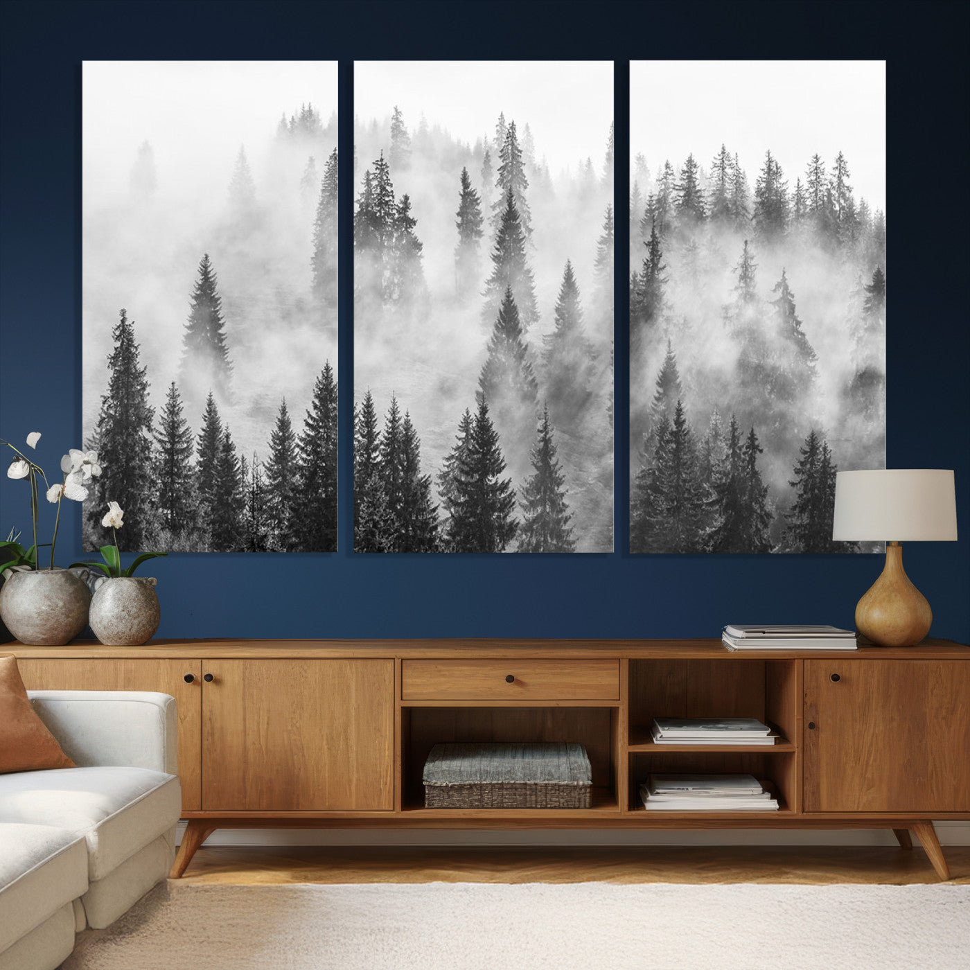 10422-MGV-CV-36X24 - Forest Wall Art Print | Foggy Pine Forest Canvas Wall Art - Black and White Nature Decor for Living