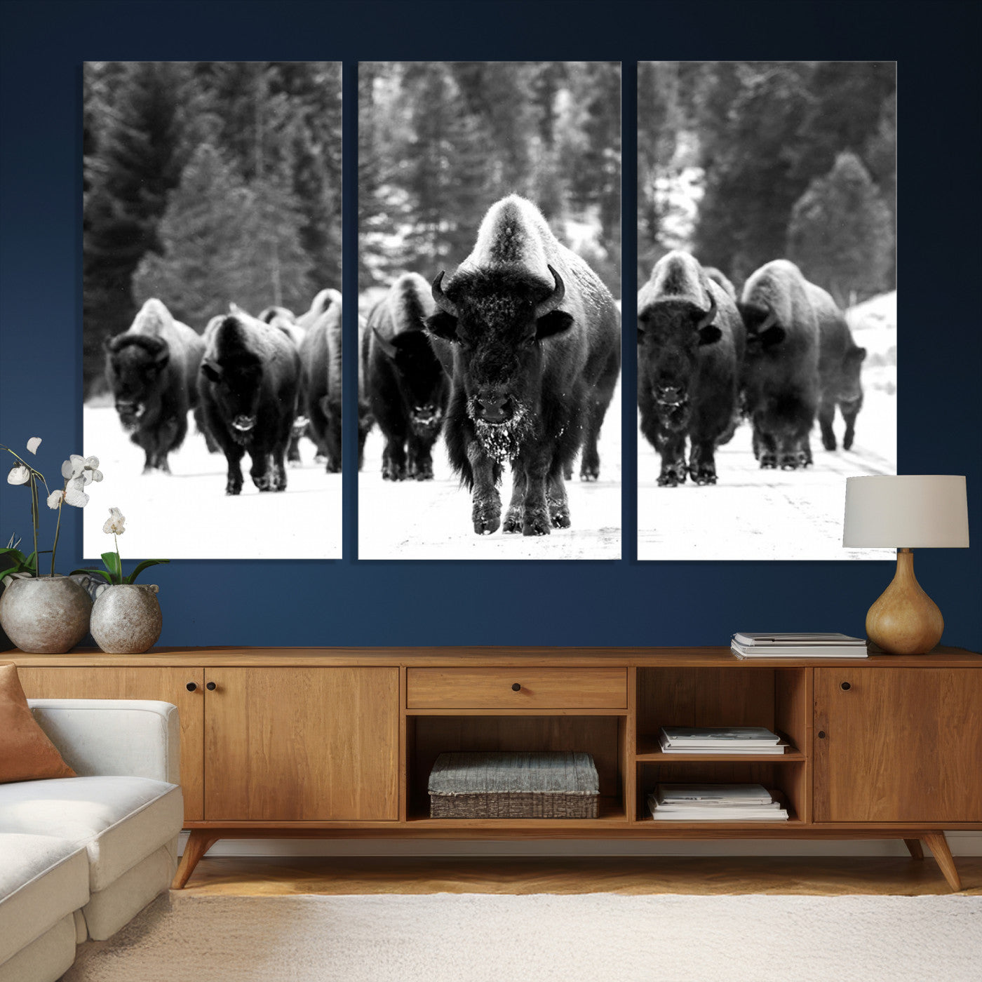 62434-MGV-CV-36X24 - Bison Herd in Snow Wall Art Canvas Print | Rustic Western Bison Wall Art for Decor for Living Room