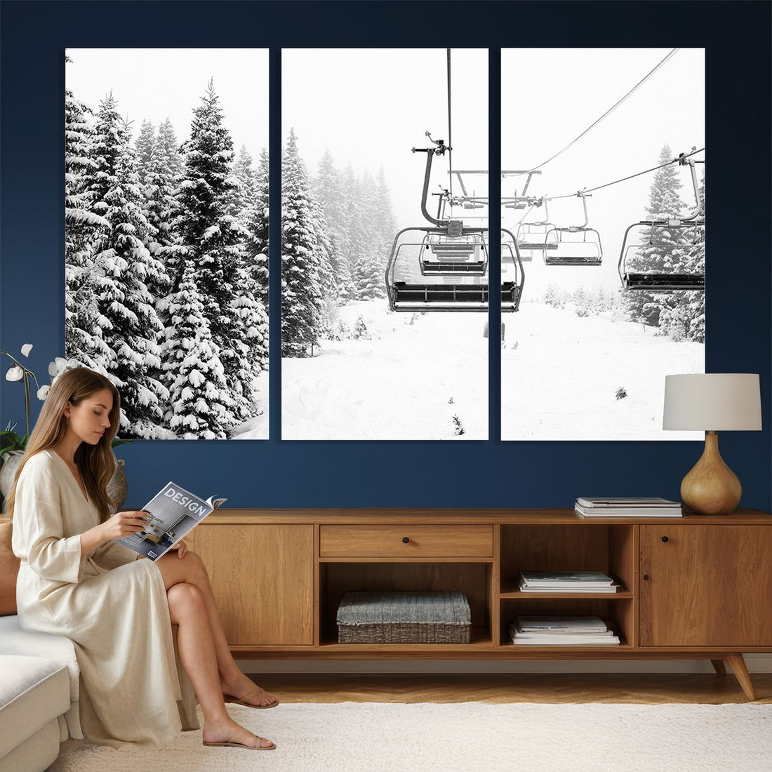 Ski Wall Art | Ski Lift Canvas Print with Snow Covered Spruce Trees, Winter Ski Resort Wall Art