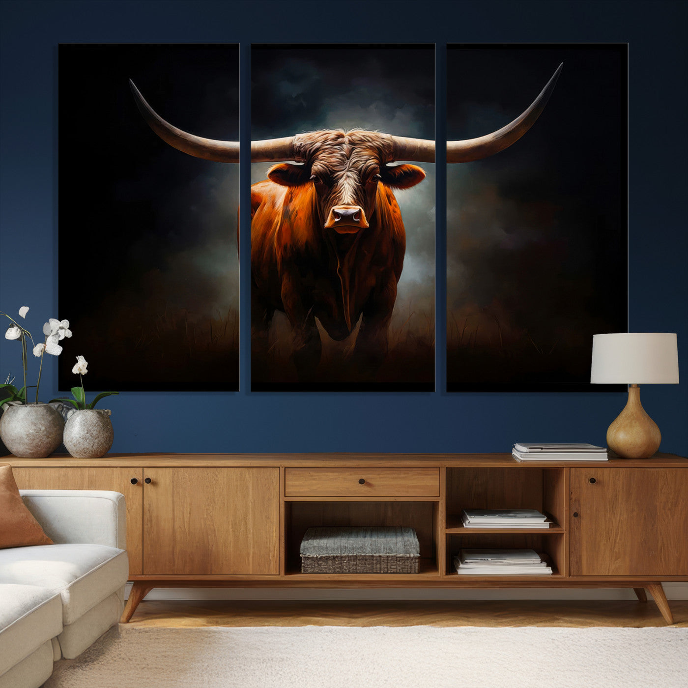 48896-MGV-CV-36X24 - Abstract Texas Longhorn Wall Art Print | 3-Panel Large Texas Longhorn Canvas Print for Living Room,