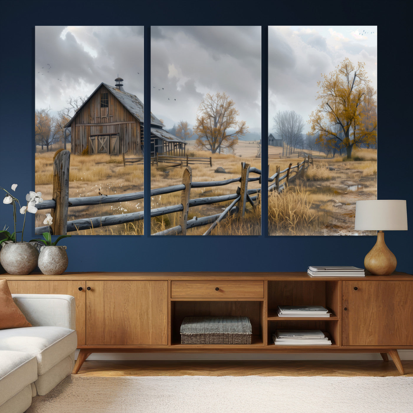 Farm1-MGV-CV-36X24 - Rustic Autumn Farmhouse Wall Art Canvas Print – Serene Countryside Scene with Weathered Barn and