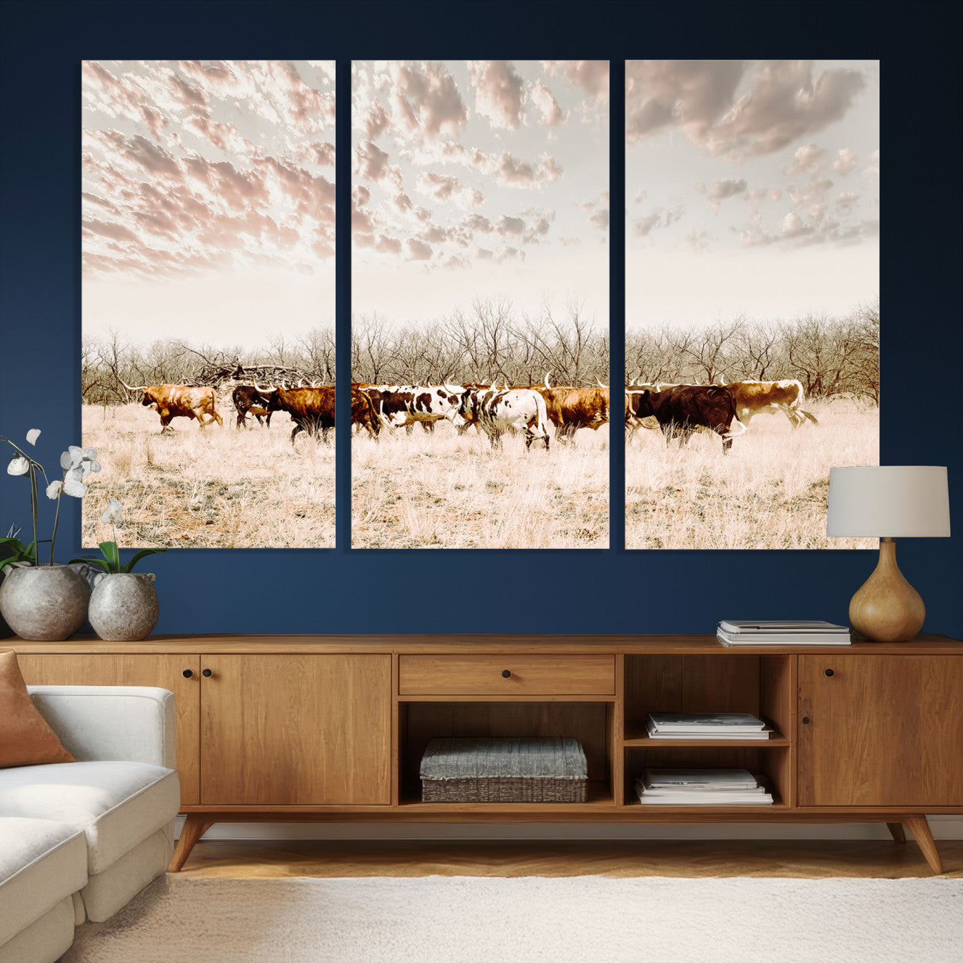 64892775-MGV-CV-36X24 - Longhorn Cattle Wall Art Canvas Print, Framed Texas Ranch Art Picture Print, Western Cow Perfect Western Decor Artwork