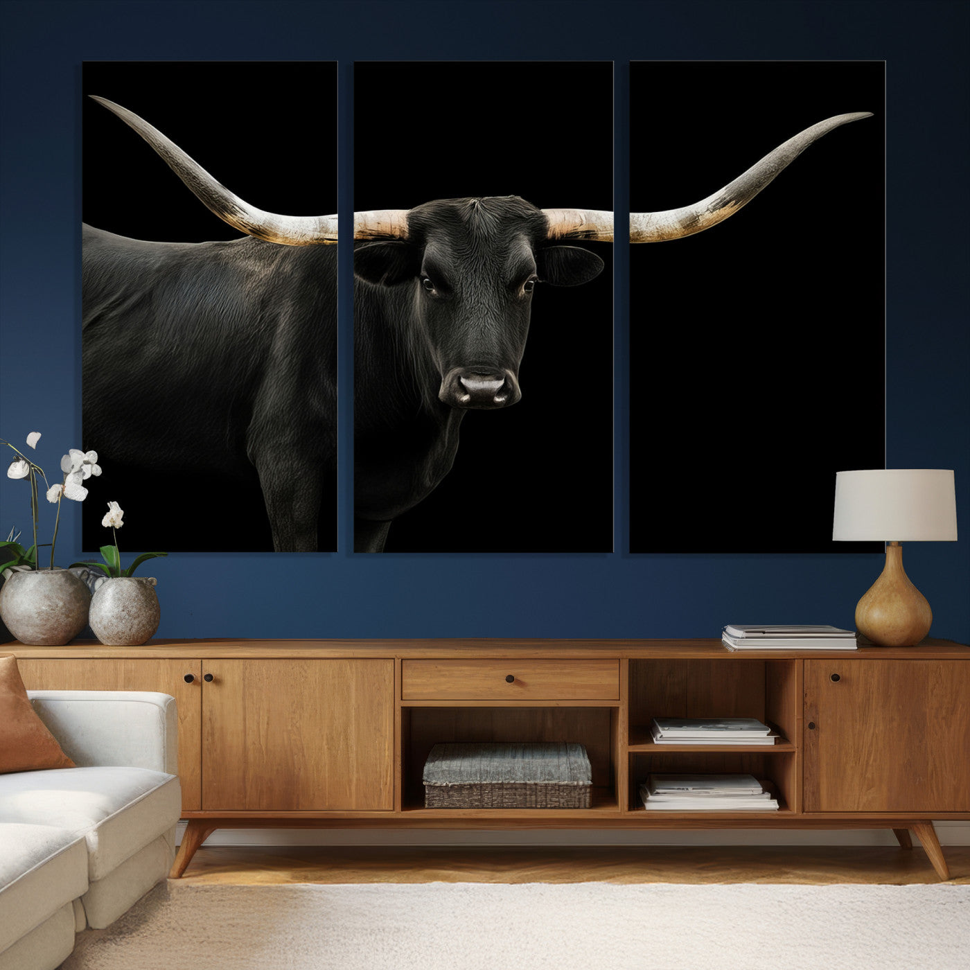 99448328-MGV-CV-36X24 - Longhorn Cattle Wall Art Canvas Print, Framed Texas Black Bull Art Picture Print, Western Cow Perfect Farmhouse Decor Artwork