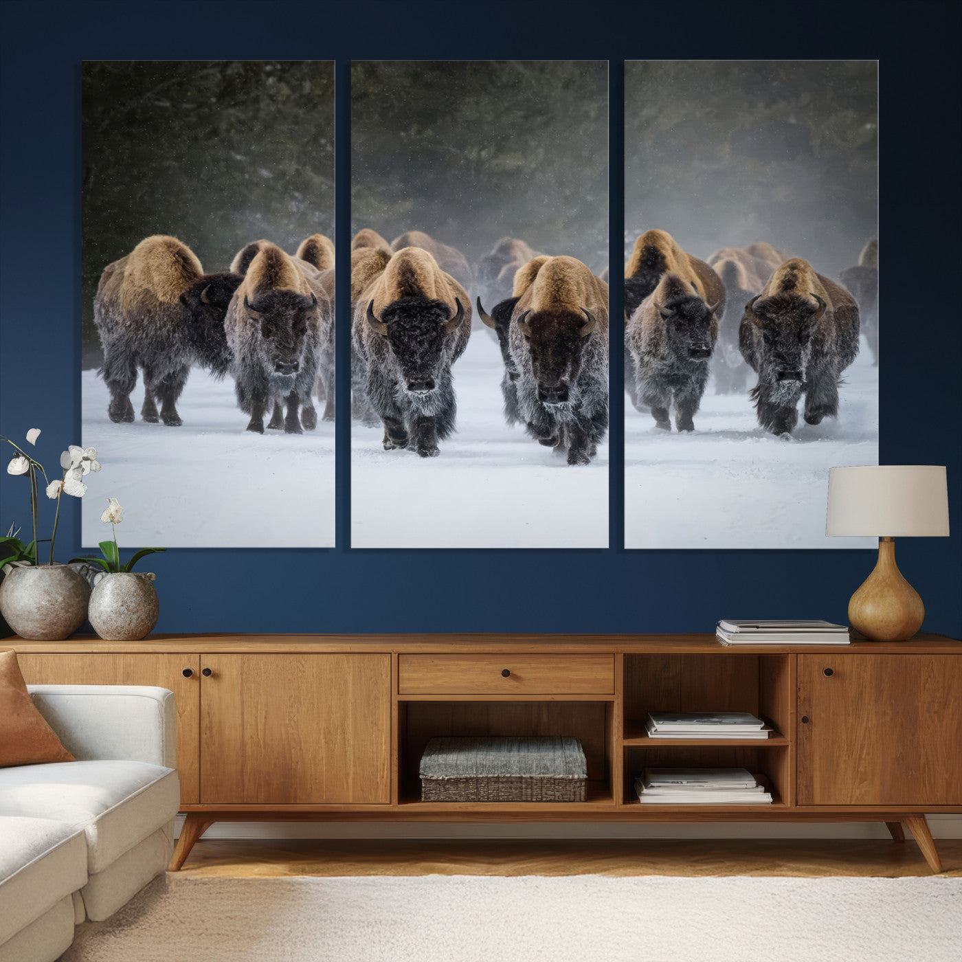 41669135-MGV-CV-36X24 - Winter Bison Herd Wall Art – Majestic Buffalo Charge Canvas Print with Snow Covered Plains, Rustic Wildlife Strength and Untamed Nature Decor for Home and Office