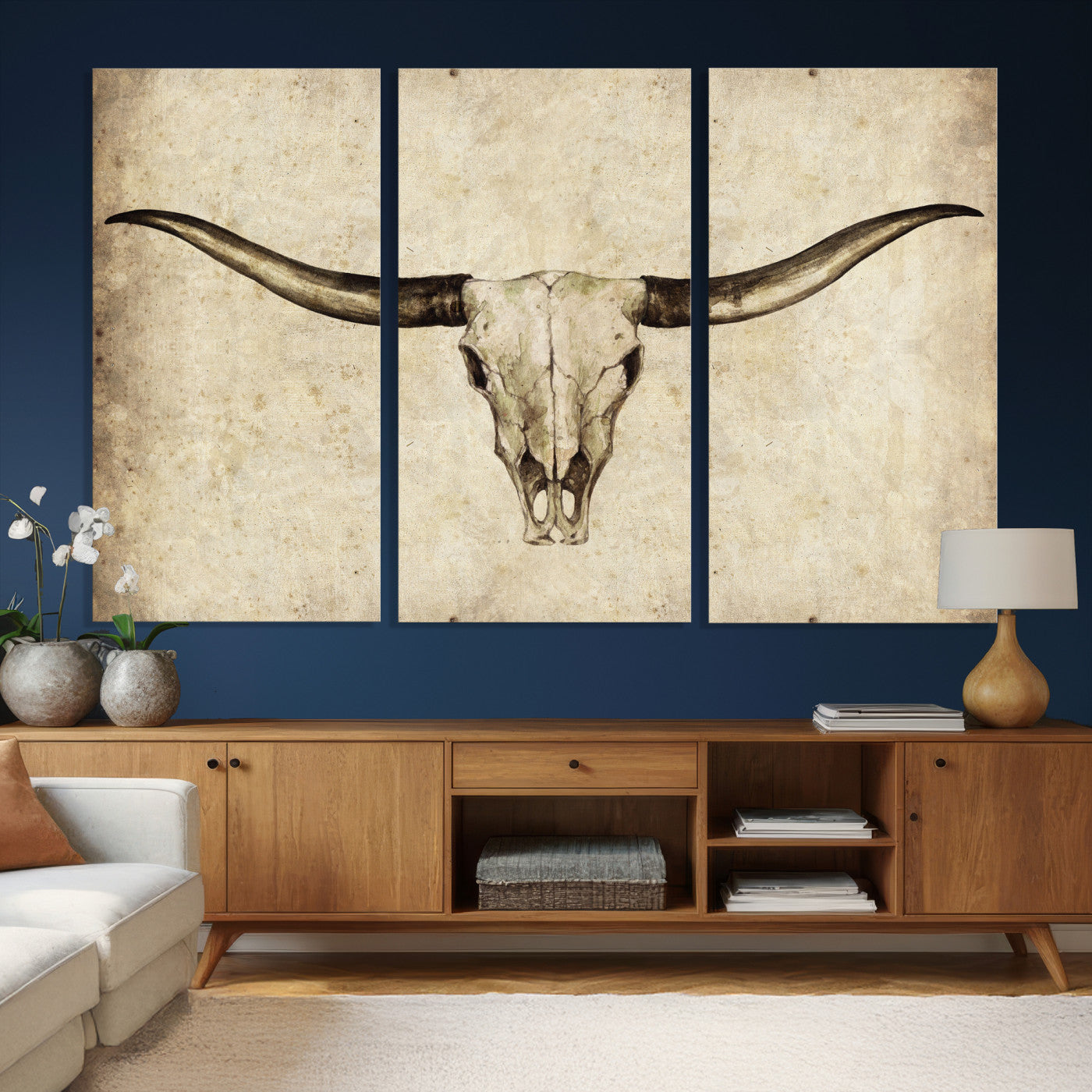 42788678-MGV-CV-36X24 - Longhorn Skull Wall Art Canvas Print – Rustic Western Artwork Print for Living Room Wall Decor