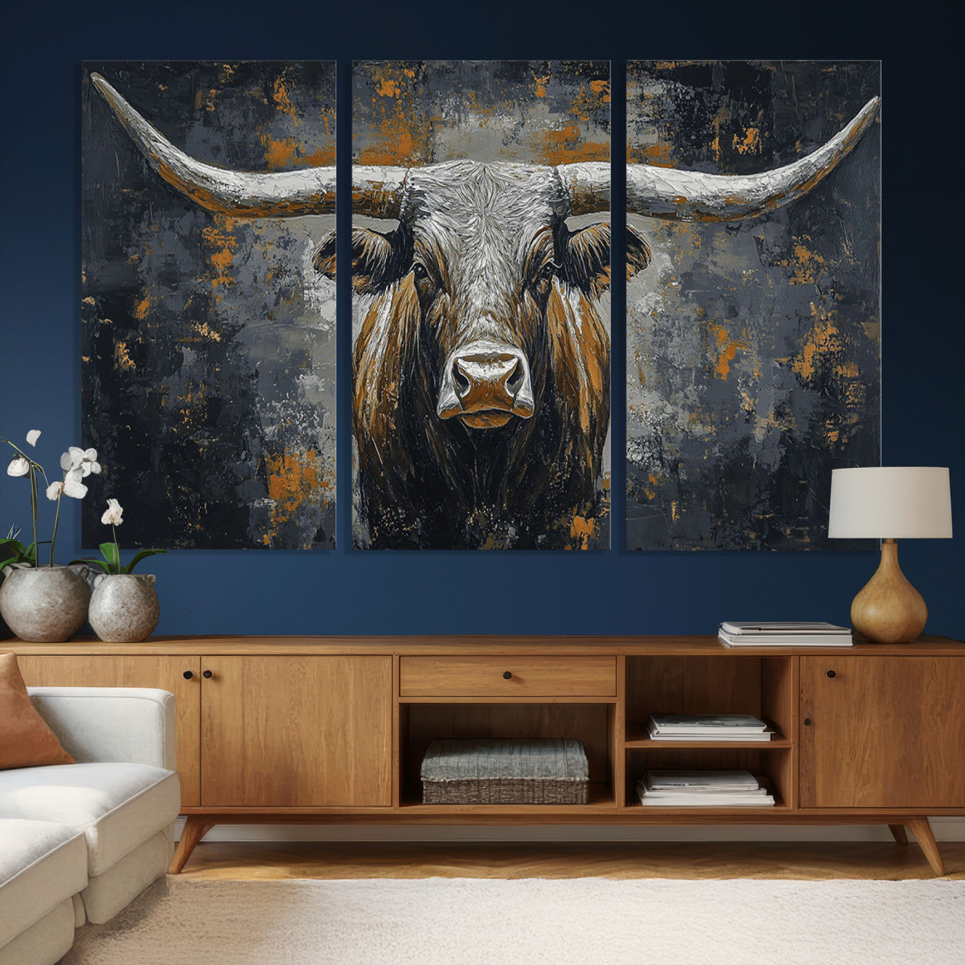 73972561-MGV-CV-36X24 - Bold Bull Wall Art Canvas – Striking Portrait with Wide Horns and Rich Brown Hues, Rustic Farmhouse and Western Decor for Home Room
