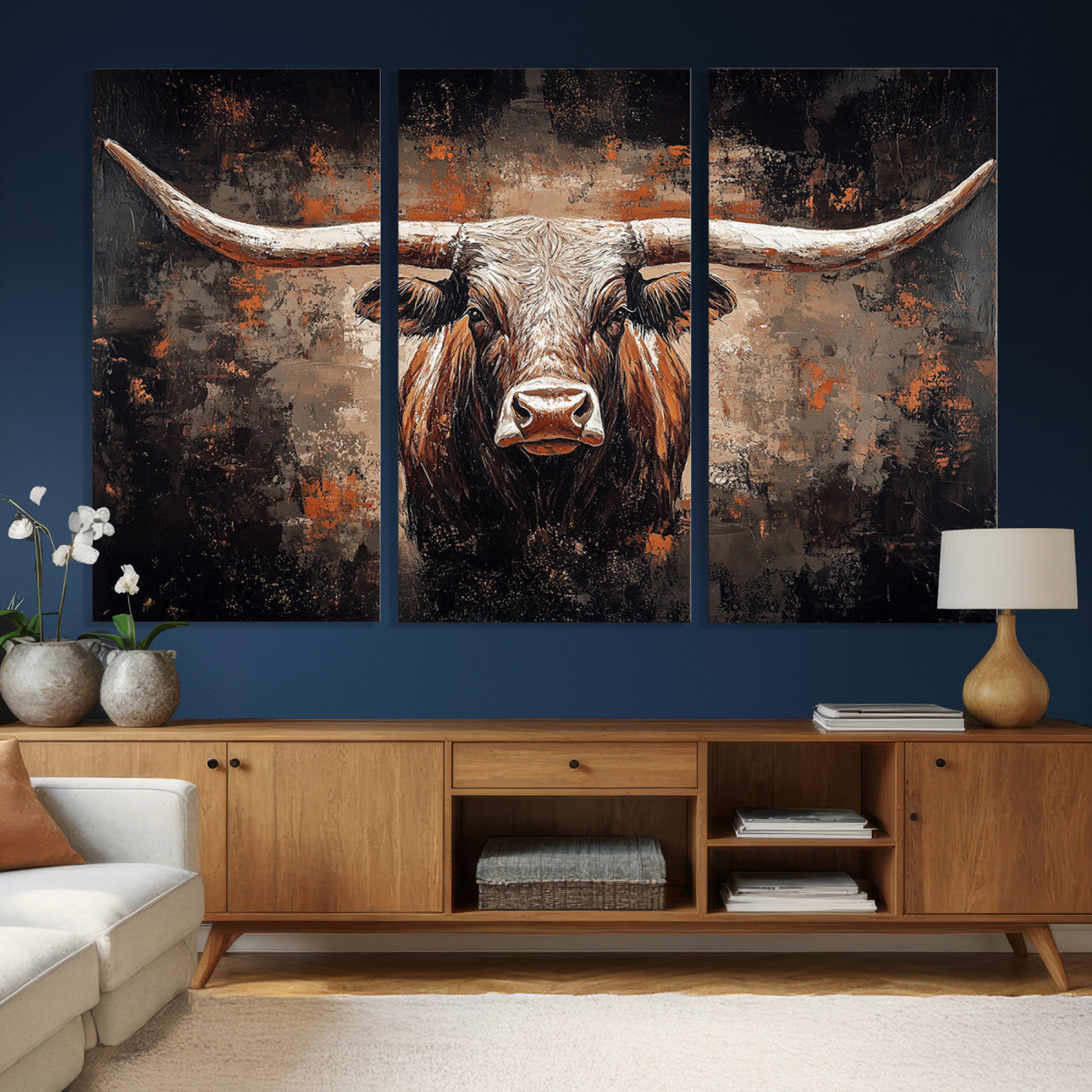 24779067-MGV-CV-36X24 - Rustic Longhorn Bull Wall Art Canvas Print – Vintage Western Cattle Painting, Texas Steer Artwork
