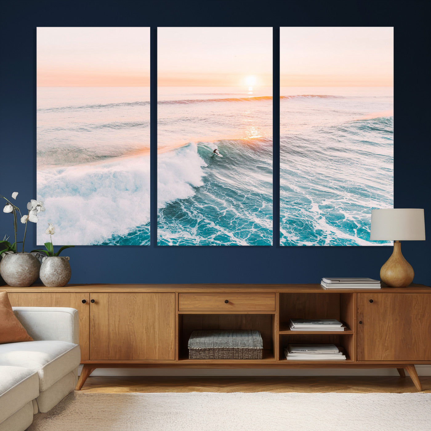 34064591-MGV-CV-36X24 - Sunset Surfing Wall Art Canvas Print, Ocean Wave Surfer with Golden Sky Artwork for Home, Office, Living Room