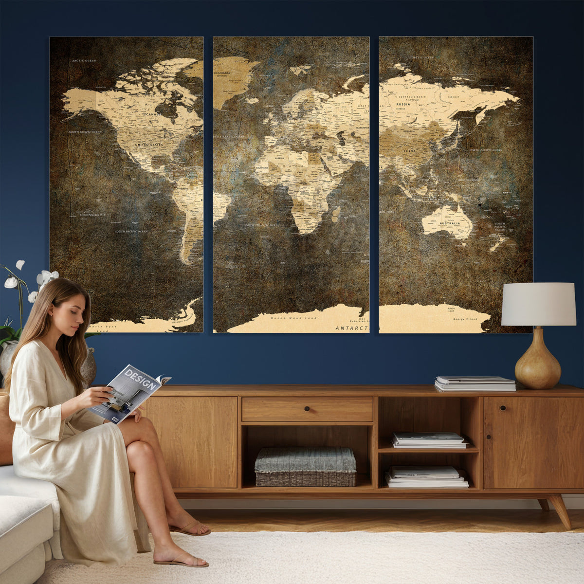 89742472-MGV-CV-36X24 - Large Framed Vintage World Map Wall Art Print for Home Wall