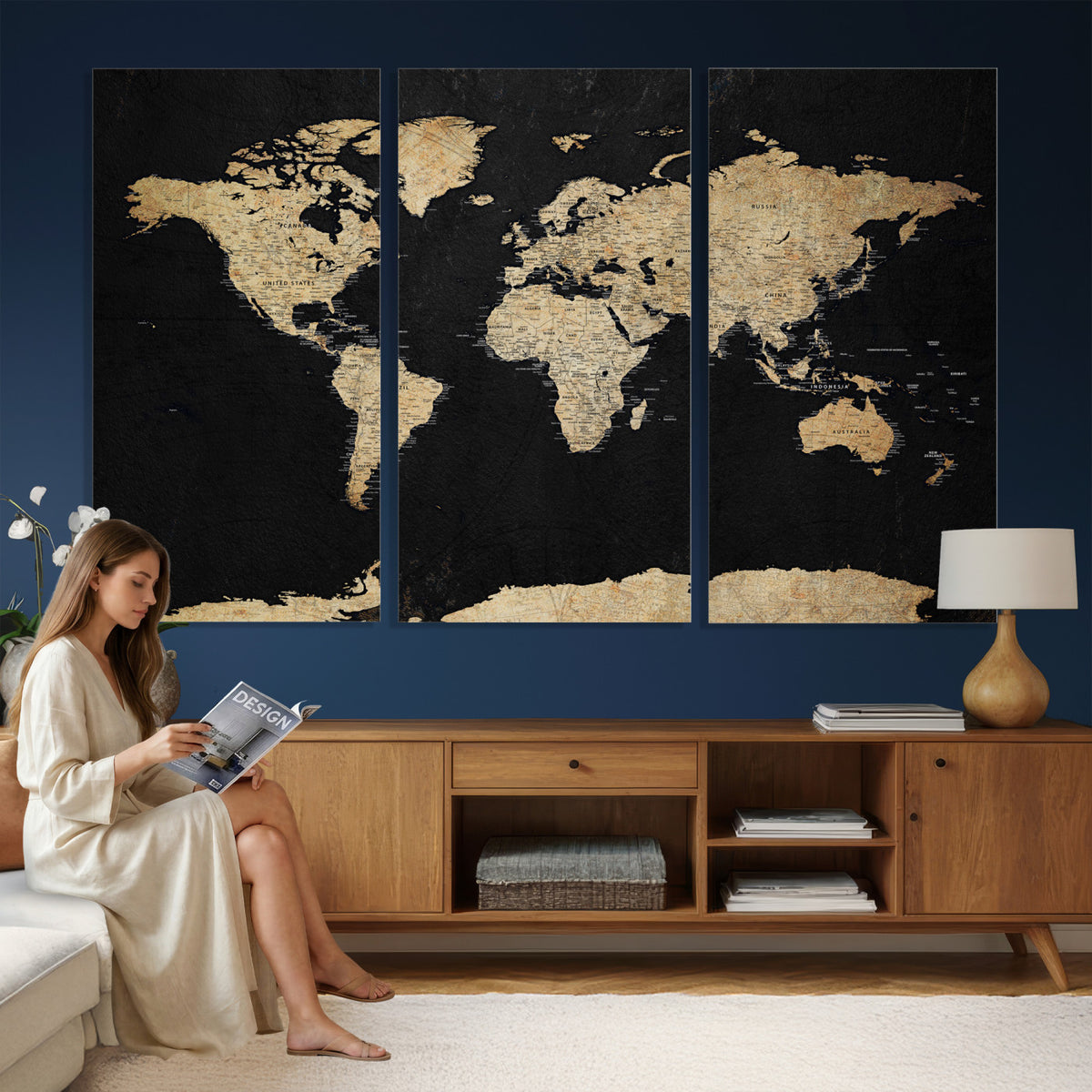 71518849-MGV-CV-36X24 - Beige World Map Canvas Wall Art Print, Minimal Black and