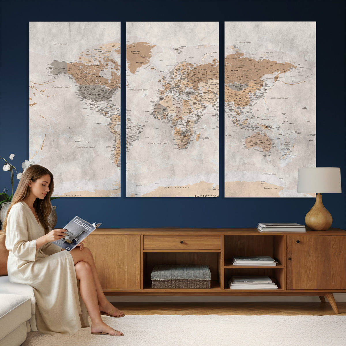 34051638-MGV-CV-36X24 - Detailed World Map Wall Art Canvas Print for Home and Office Decor