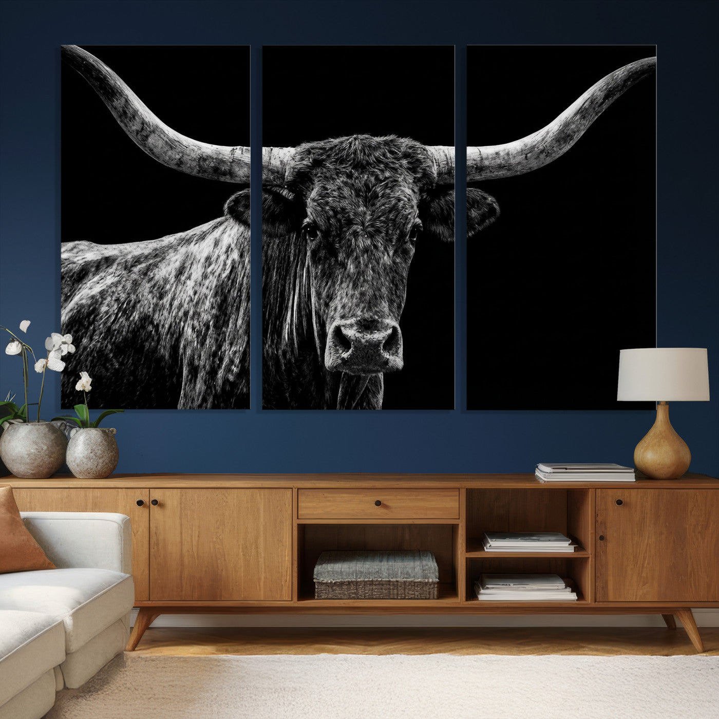 86568508-MGV-CV-36X24 - Vintage Texas Longhorn Bull Wall Art Canvas Print, Texas Cow Portrait Print, Framed Bull Wall Art Ready to Hang