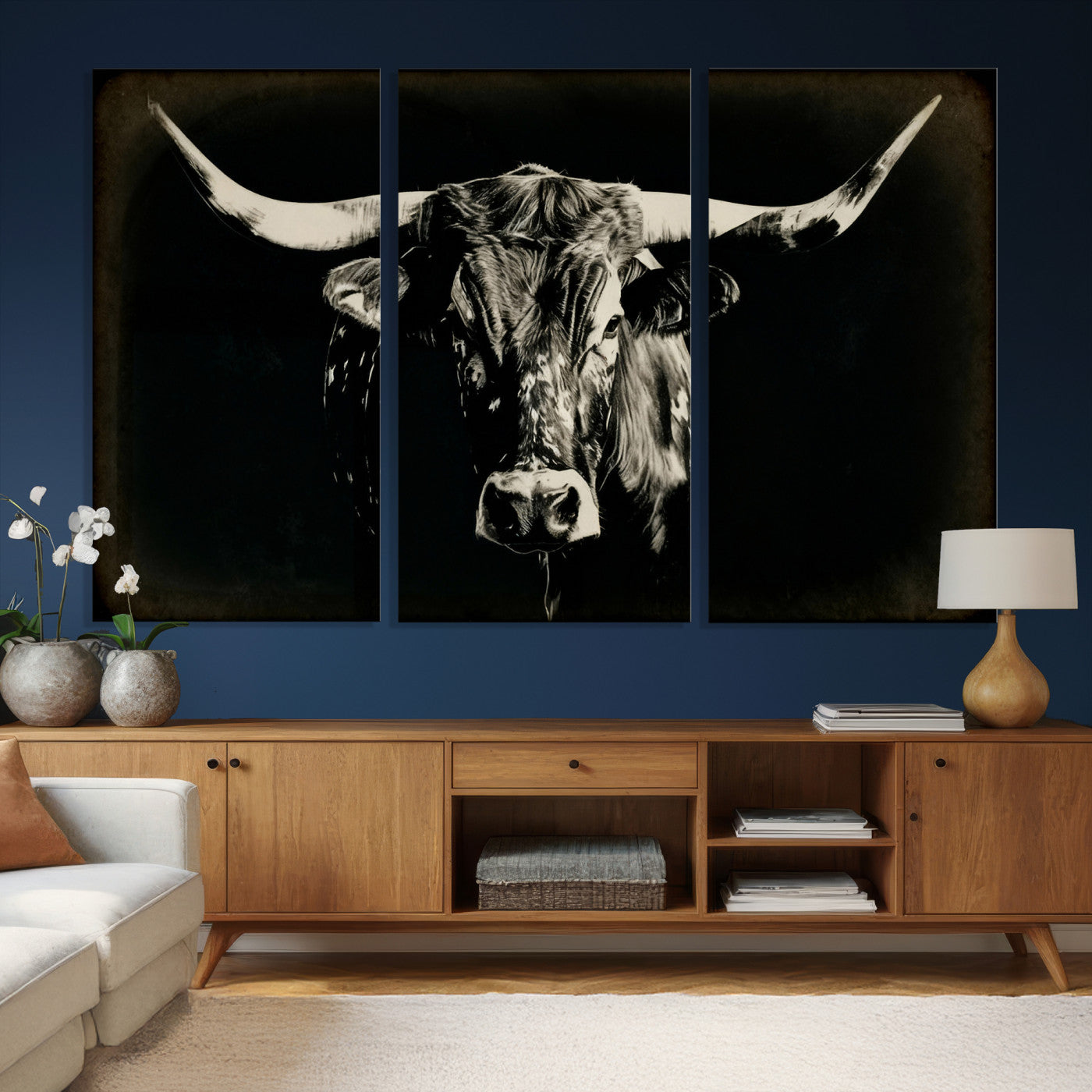 91364114-MGV-CV-36X24 - Black Bull Wall Art Canvas Print, Texas Longhorn Portrait Print, Framed Wall Art Ready to Hang