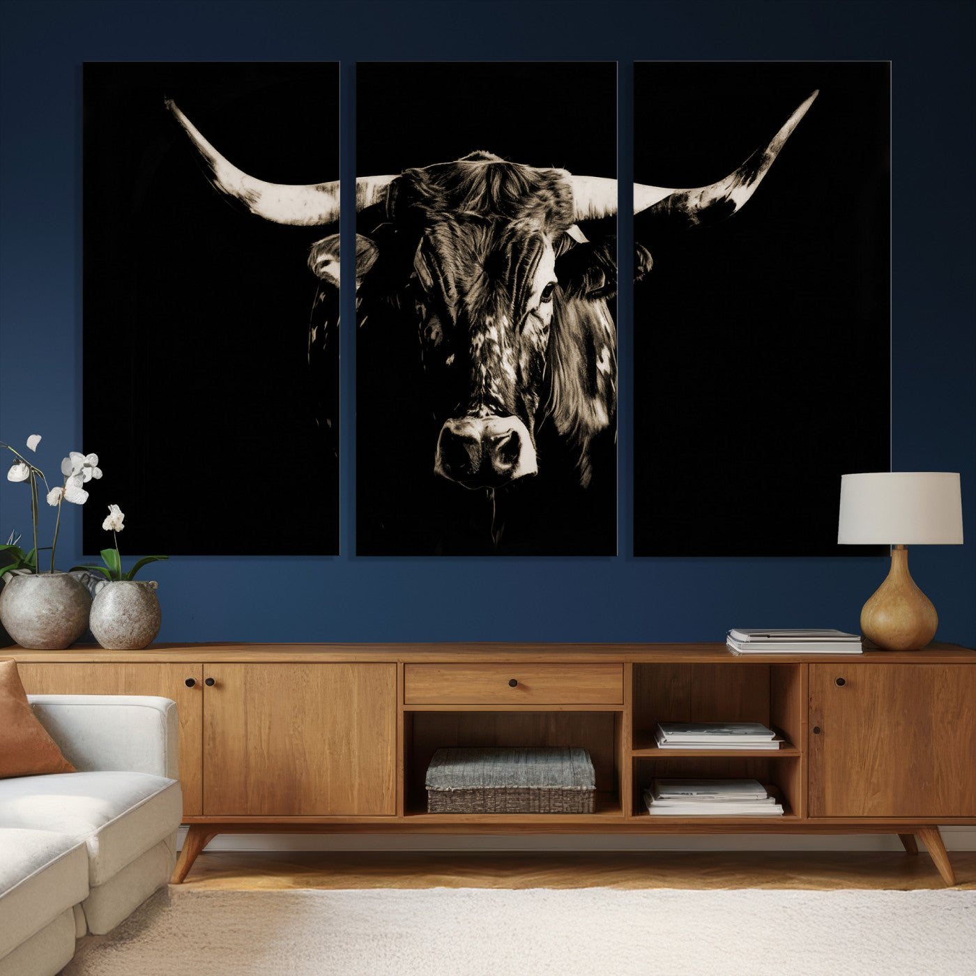 75774468-MGV-CV-36X24 - Black Bull Wall Art Canvas Print, Dark Longhorn Portrait Photography, Framed Wall Art Ready to Hang