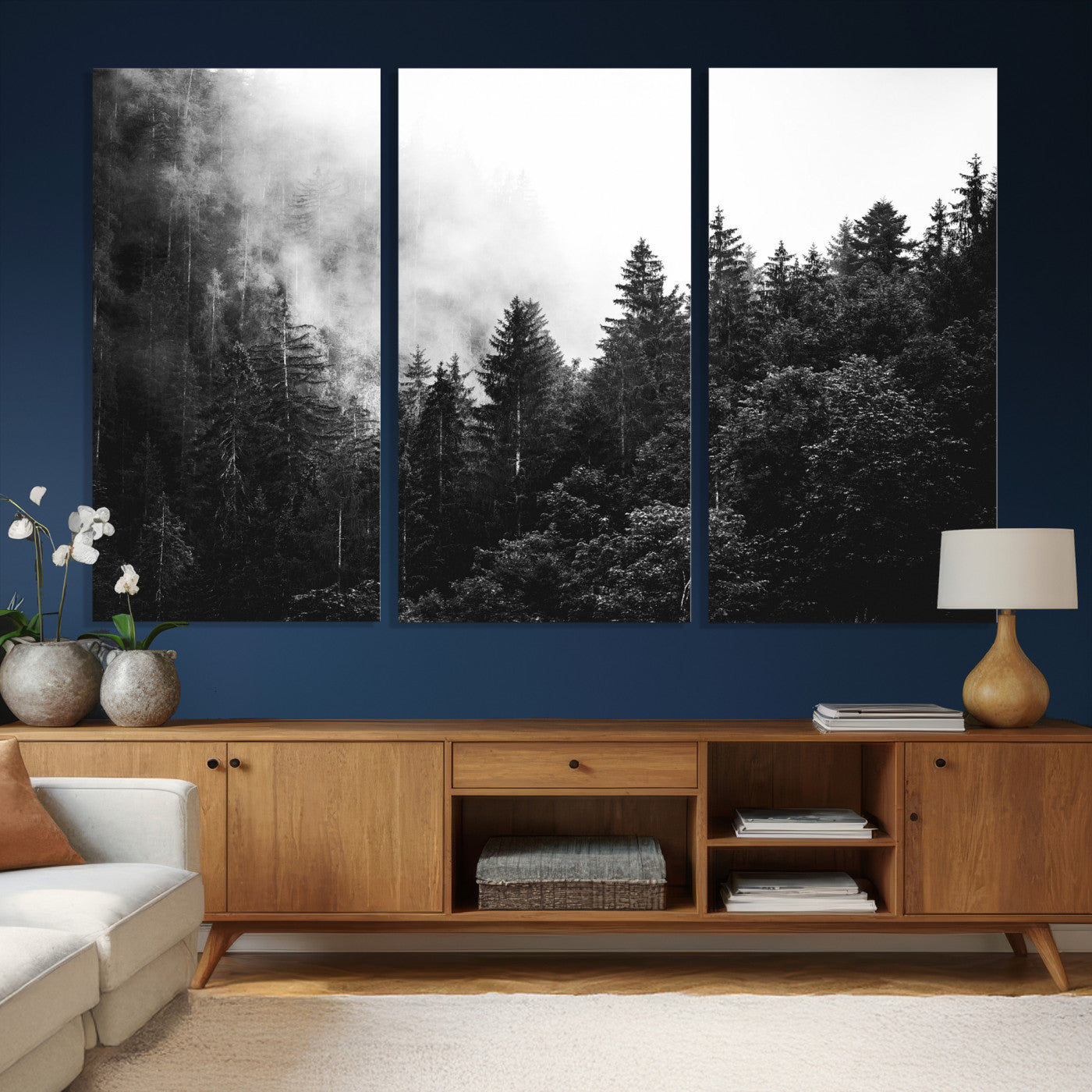 98764151-MGV-CV-36X24 - Black and White Forest Wall Art Canvas Print, Misty Pine Tree Landscape Photography, Framed Wall Art Ready to Hang