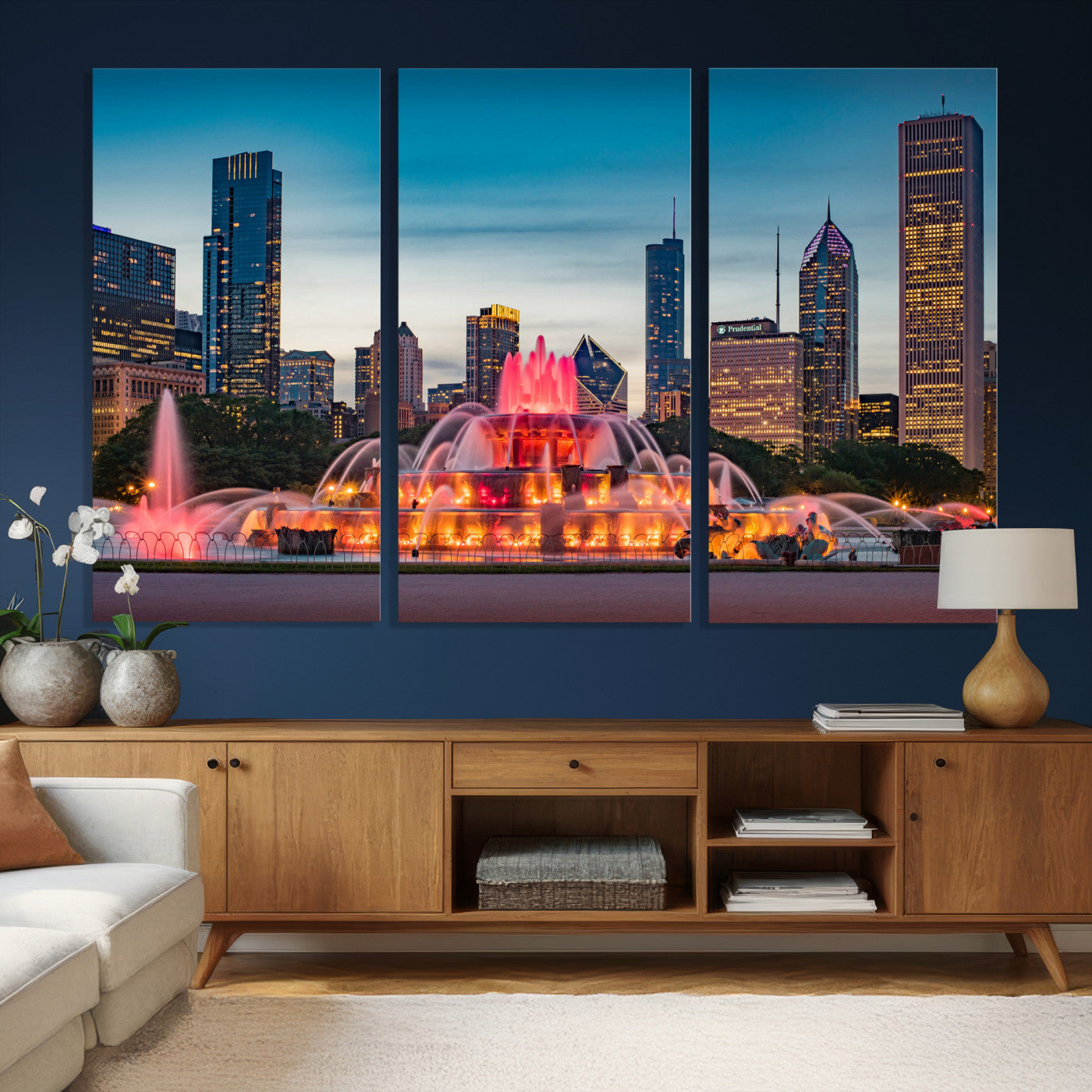 46805285-MGV-CV-36X24 - Chicago Wall Art Canvas Print, Chicago City Downtown Night Cityscape Print for Modern Urban Wall Decor